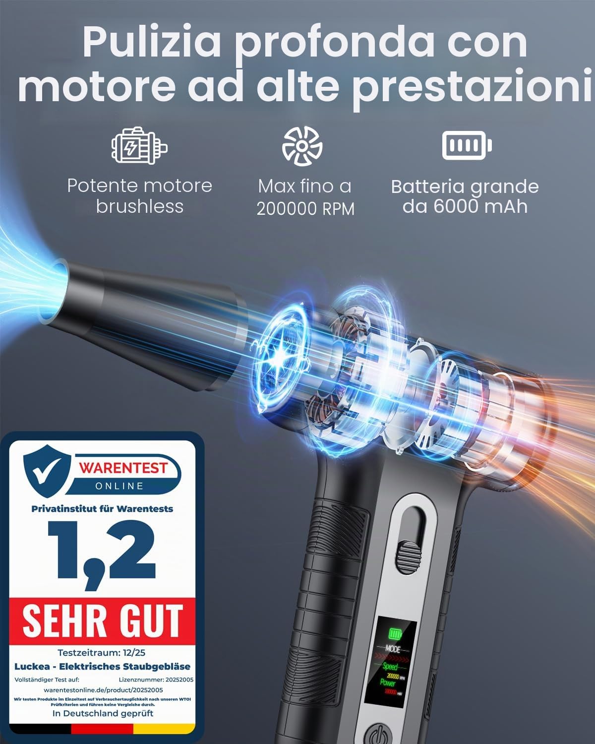 Aria Compressa Elettrico Pulizia PC con Display Digitale HD - Air Duster 200000 RPM, Mini Soffiatore a Batteria 6000 mAh, Rimuovi Polvere Bomboletta Aria Compressa Spray per Ufficio Auto, W06, Nero