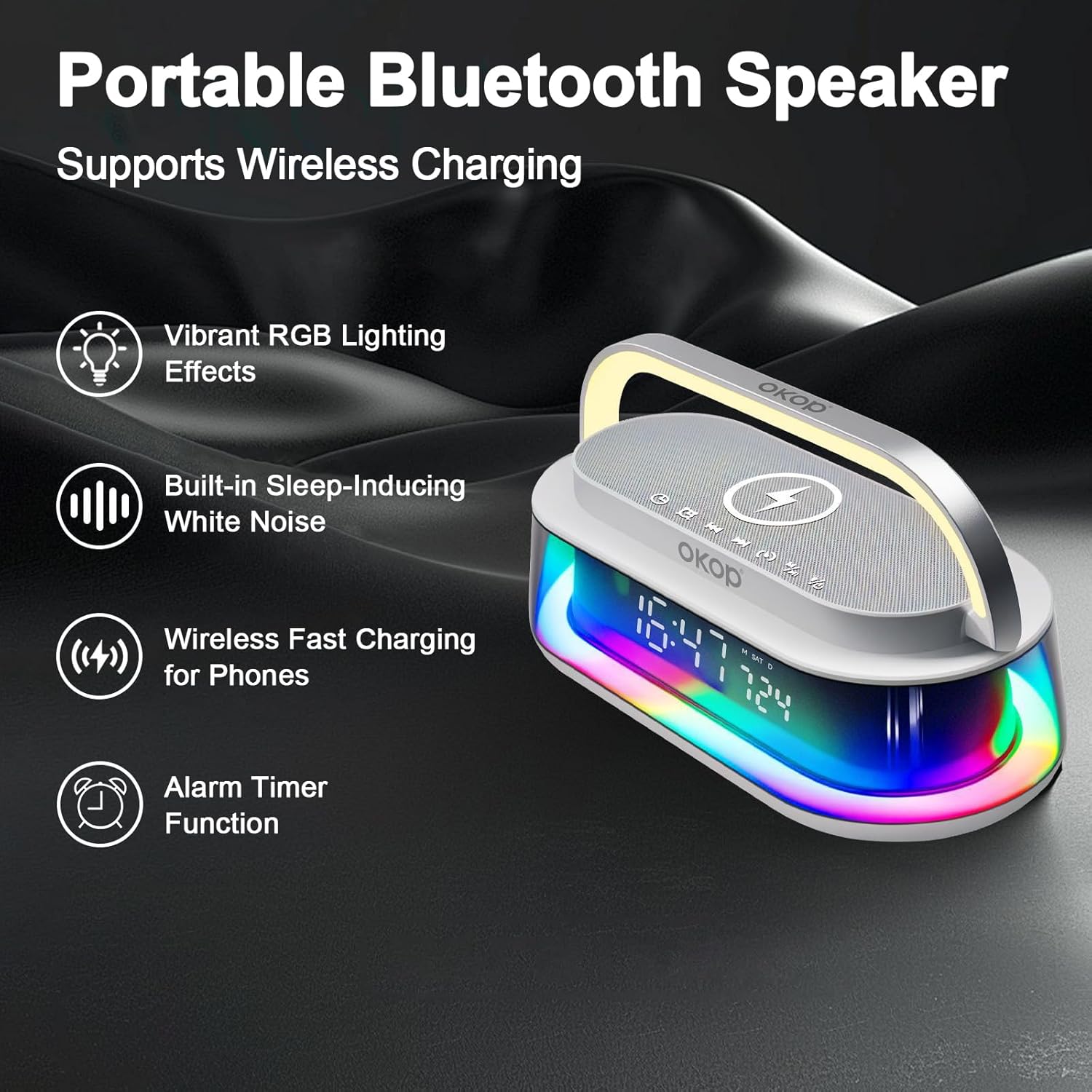 Portable Bluetooth Speaker with 15W Fast Wireless Charger, 10W Stereo Sound, Dual Alarm Feature, Dimmable RGB Mood Lighting, 1800mAh Battery for Home, Travel, Present (Gray)
