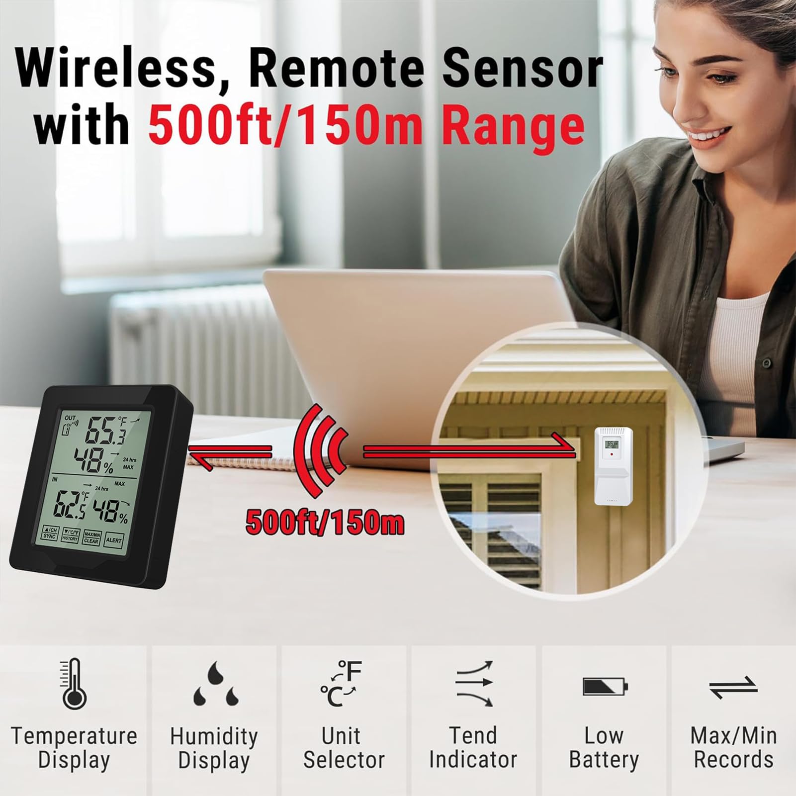 Termometro per interni ed esterni con retroilluminazione bianca, misuratore di umidità della temperatura accurato, registrazioni MAX/MIN, sensore remoto wireless