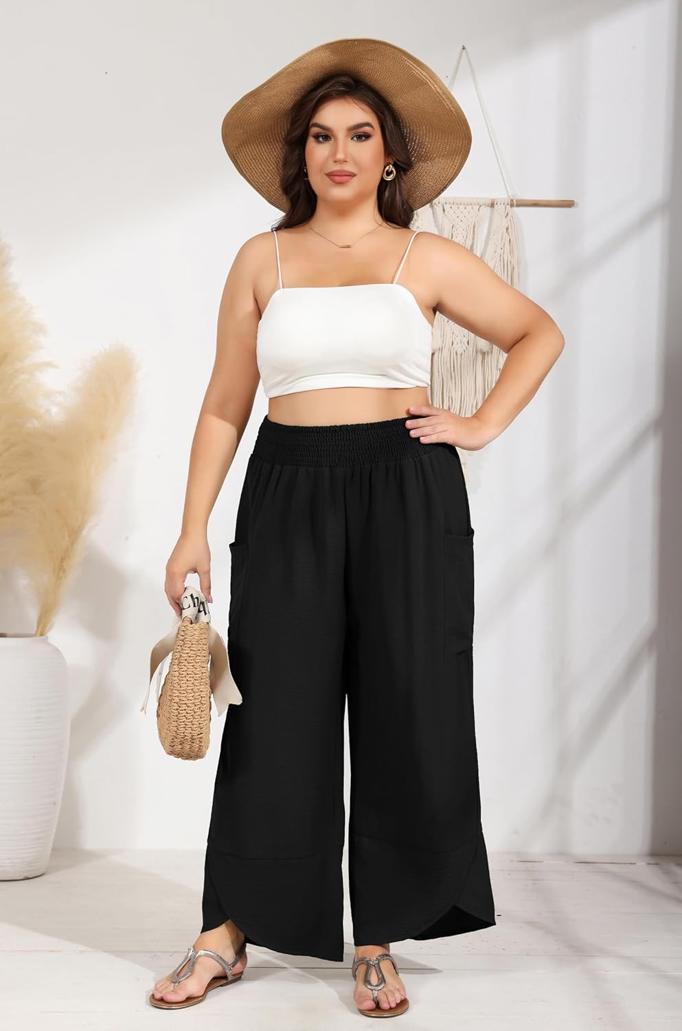 SEKINO Women's Plus Size Wide Leg Palazzo Pants High Waisted Boho Loose Casual Pant Flowy Beach Trousers with Pockets - Image 5