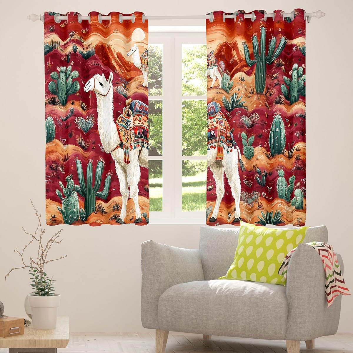 Castle Fairy Boho Alpaca Window Curtains Western Desert Cactus Darkening Blackout Curtains Exotic Tribal Style Blackout Window Treatments Cute Tropical Animal Grommet Top 2 Panel Set Drapes,42Wx84L