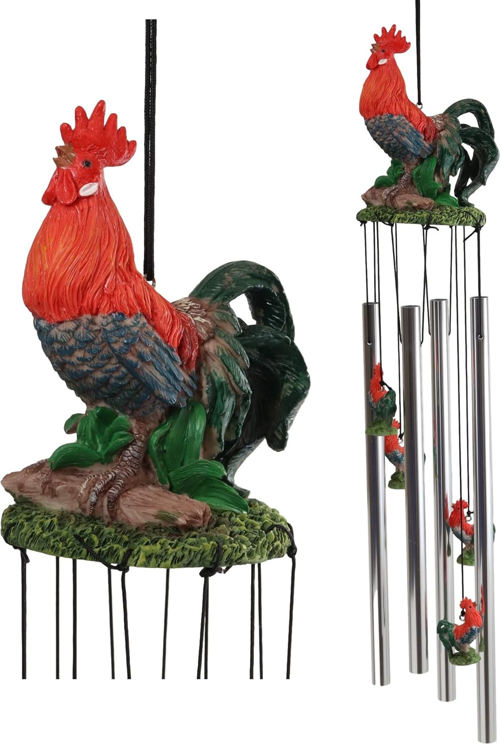 Ebros Gift Country Western Animal Farm Morning Sunshine Crowing Red Breasted Rooster Chicken Figurine Top Resonant Wind Chime for Garden Patio Rustic Farmland Cottage Themed Home Accent