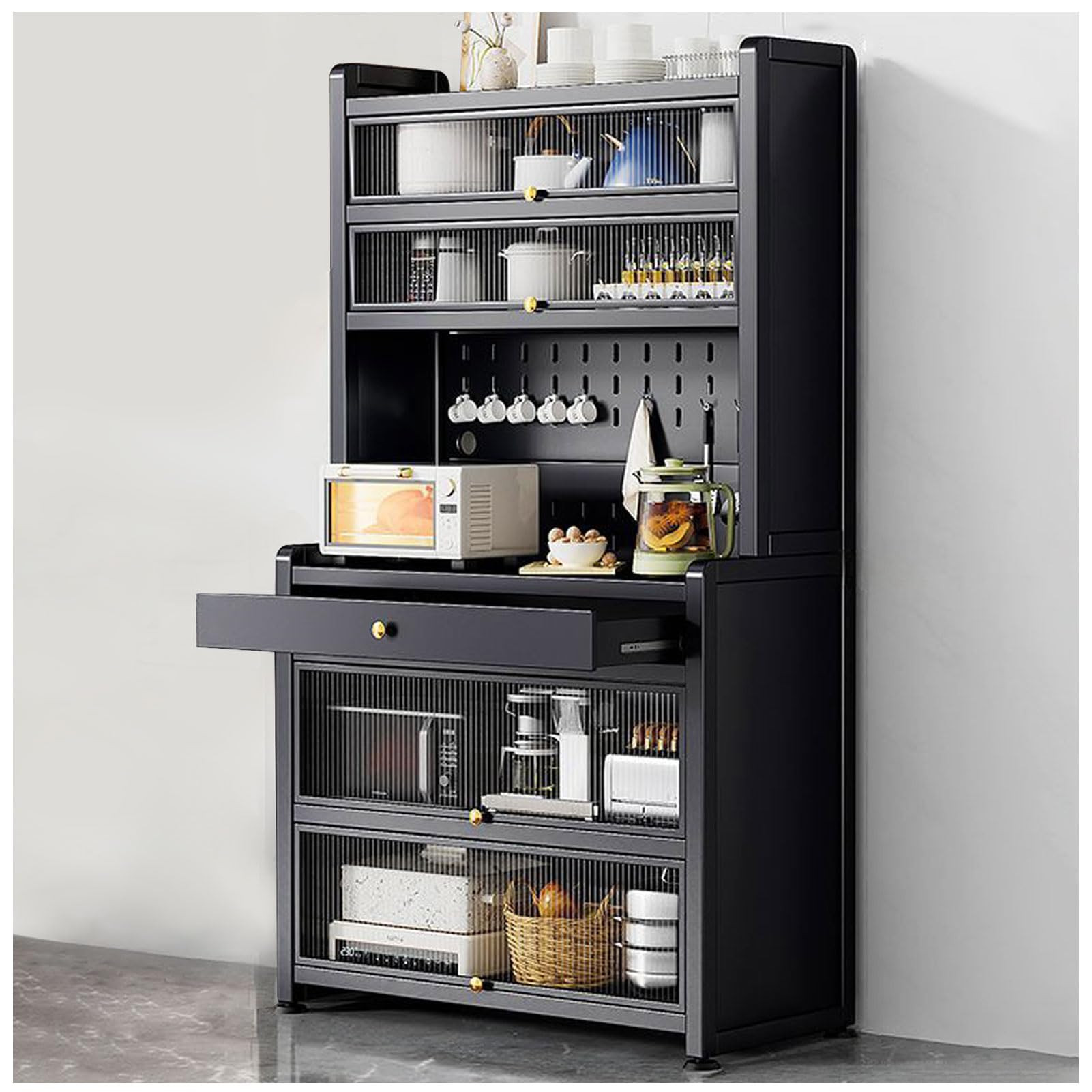 Armadio alto da cucina con cassetto per microonde e design con gancio, soluzione regolabile per la conservazione degli alimenti per cucina e sala da pranzo, nero, 60 x 172 cm