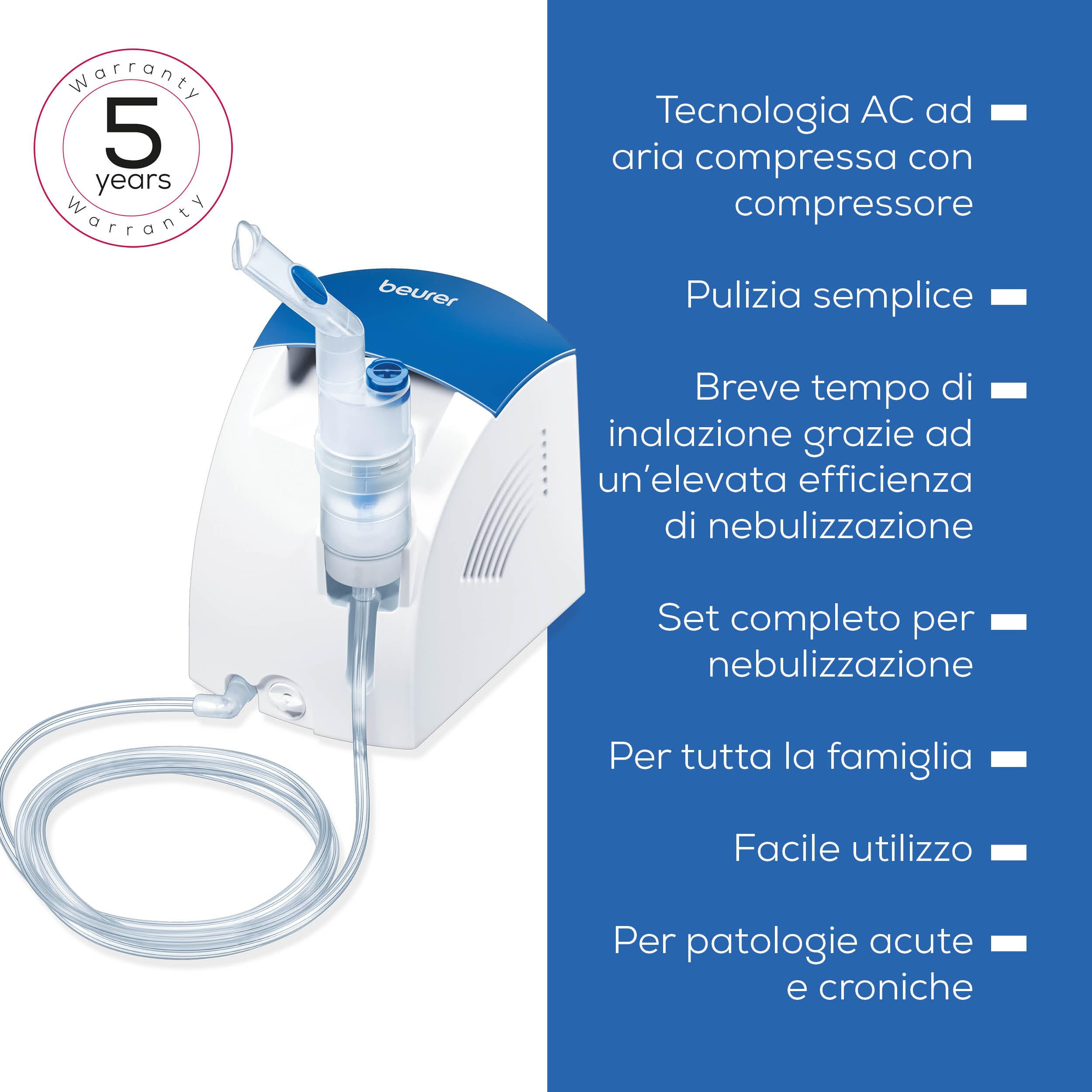 Beurer IH 26 Aerosol ad Aria Compressa Con Doccia Nasale E Accessori Completi Inclusi, Bianco/Blu, ‎16.6 x 14.8 x 14.1 cm, Tempo di inalazione breve e pressione di esercizio di 0.8 - 1.45 bar