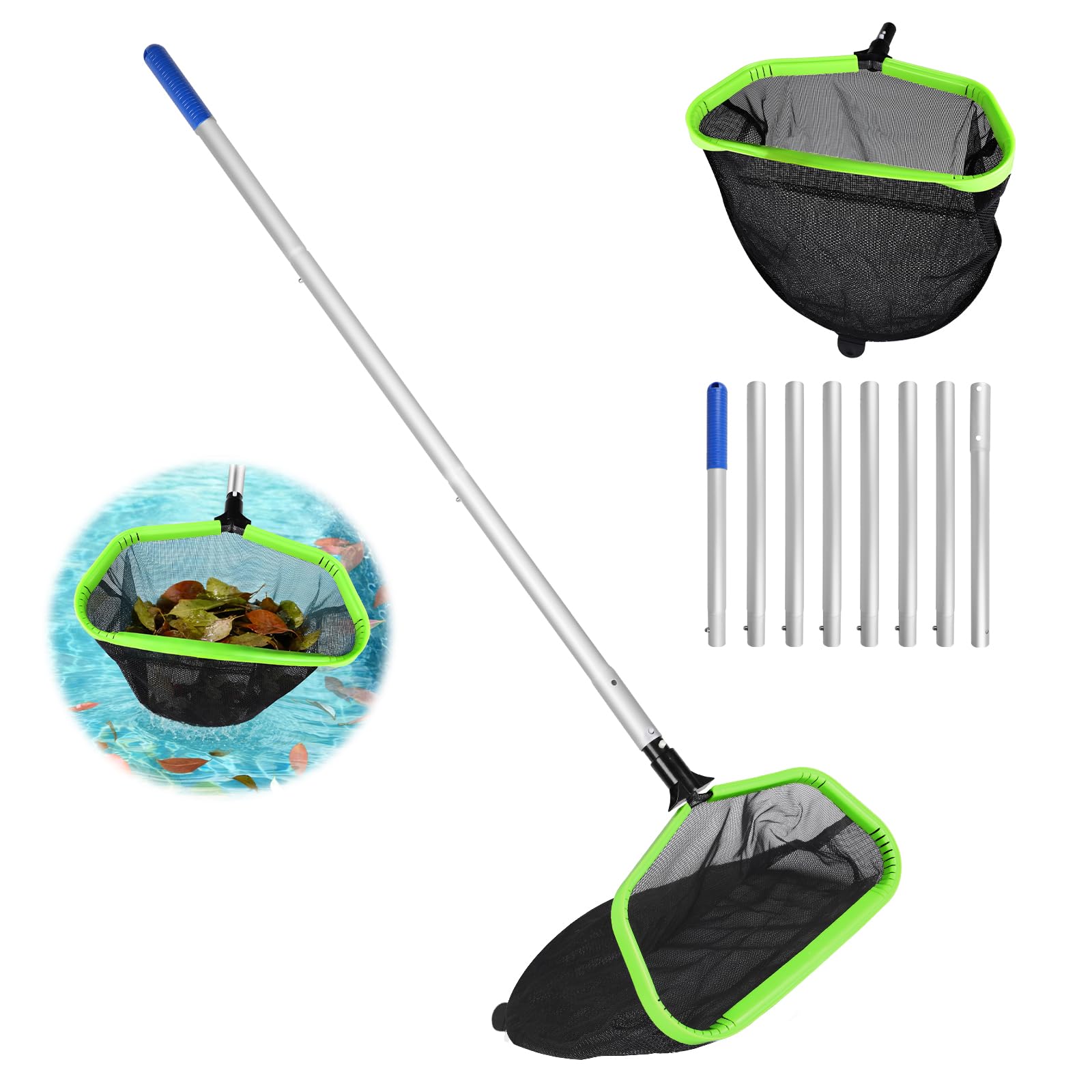 SUPAWAY Leaf Landing Net for Swimming Pools Cleaning Net with Adjustable Handle 2.8m Deep Double Layer Fish Pond Netting - Type B (Green Aluminum Frame - Black Coarse Deep Net)