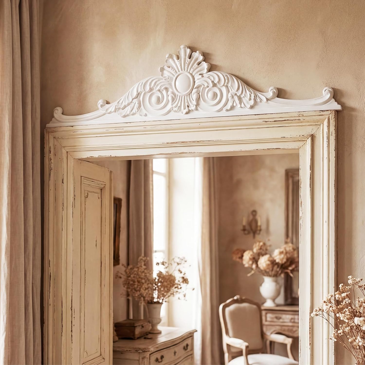40"x8.7"x0.7" Door Frame Pediment Over Door Large Wall Art Topper Wood Molding Millwork French Country Decoration Vintage Doors Header for Carved Home Wall Hanging Window Interior Room Entryway Decor
