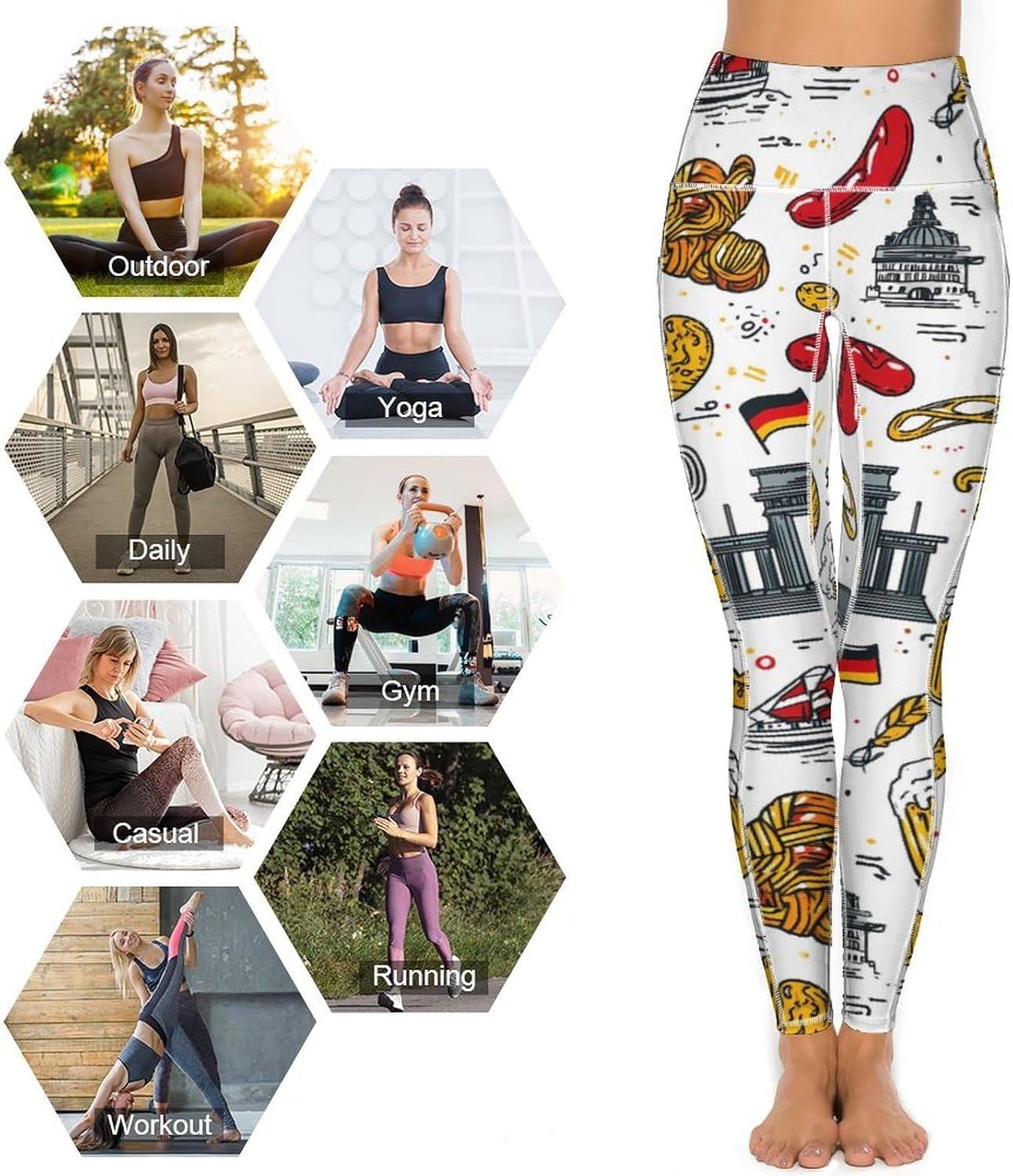 German Flag Sausages Beer High Waisted Leggings for Women with Pockets Athletic Tummy Control Pants