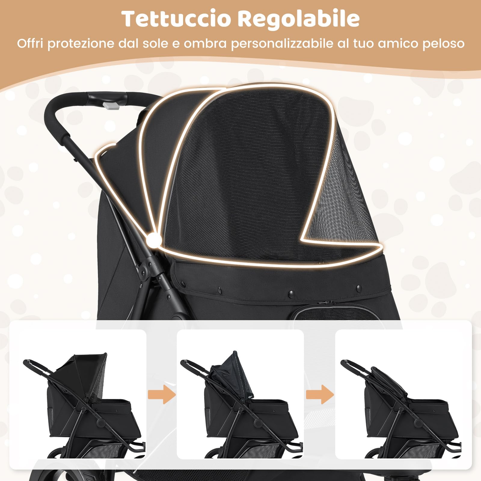 COSTWAY Passeggino a 3 Ruote per Cani Piccoli e Medi, Passeggino Pieghevole per Gatti con Freno a Pedale Singolo, Tenda Regolabile, Cestino, Cuscino e Guinzaglio di Sicurezza, Portata 25 Kg (Nero)
