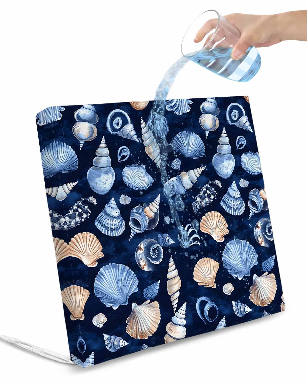 2 Pack Navy Blue Coastal Waterproof Cushion Covers with Ties, Outdoor Patio Chaise Lounge Chair Seat Cushion Slip Covers Replacement(Only Cover) Shell Conch Nautical Summer Beach Ocean 20