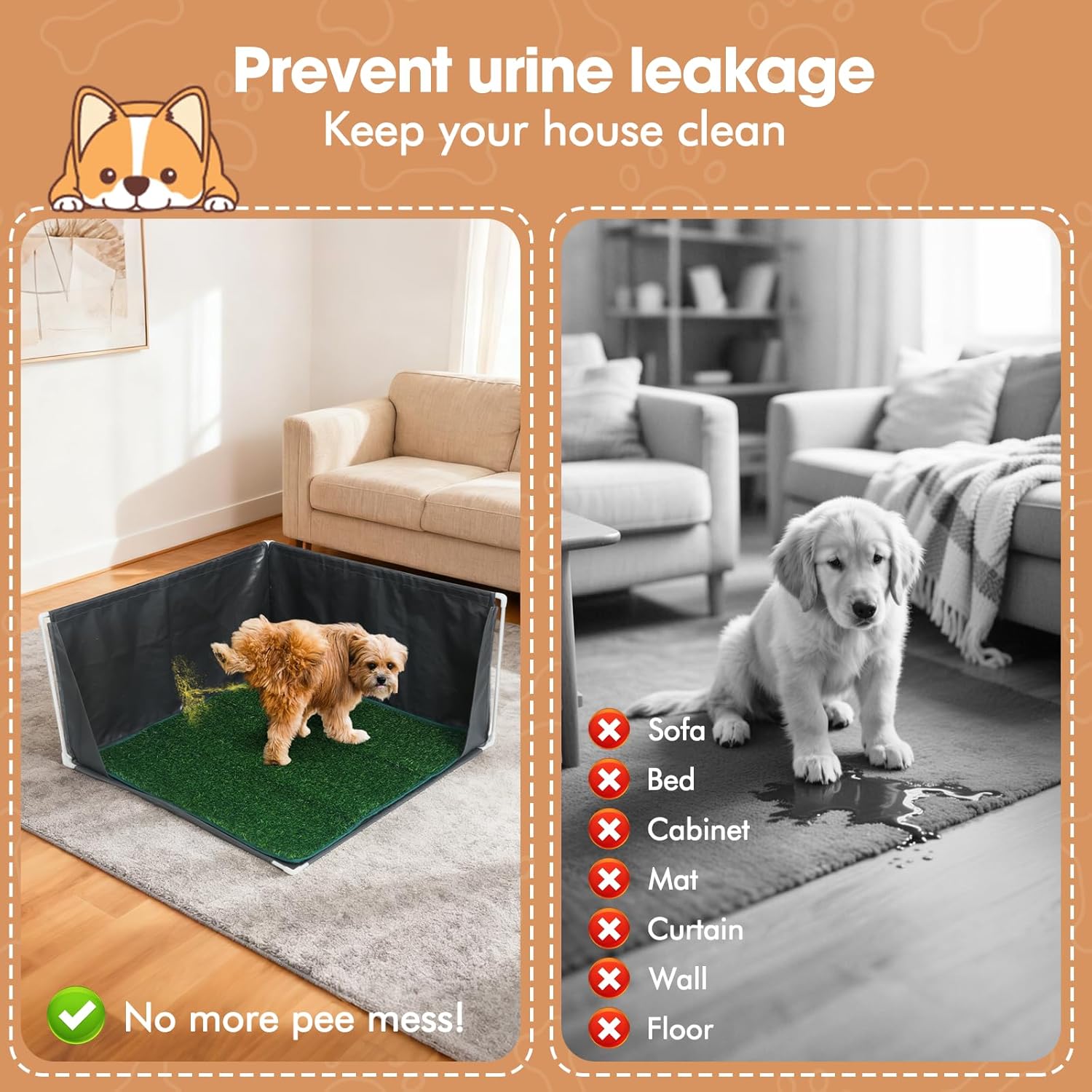 Dog Pee Pad Holder with High Walls, Portable Dog Litter Box for Inside Potty, Splash-Proof No Spill Pee Shield Pad Holder Tray for Puppies Small and Medium Dogs (Grey, Pee Pad Holder w/Grass Turf)