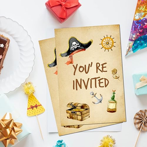Miniatura 5 de Invitaciones de fiesta de cumpleaños pirata con sobres, juego de 20 tarjetas del tesoro pirata para niños