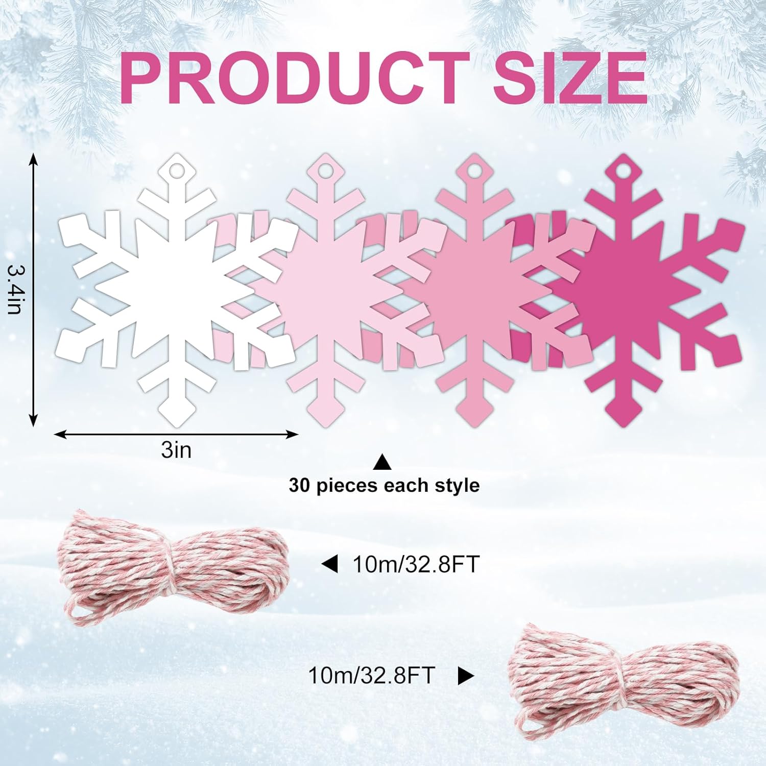 Whaline 120Pcs Winter Paper Gift Tags Pink White Snowflake Hanging Name Tags with Hemp Rope Snowflake Label Tags for Christmas Party Favor Decor Supplies - Image 2
