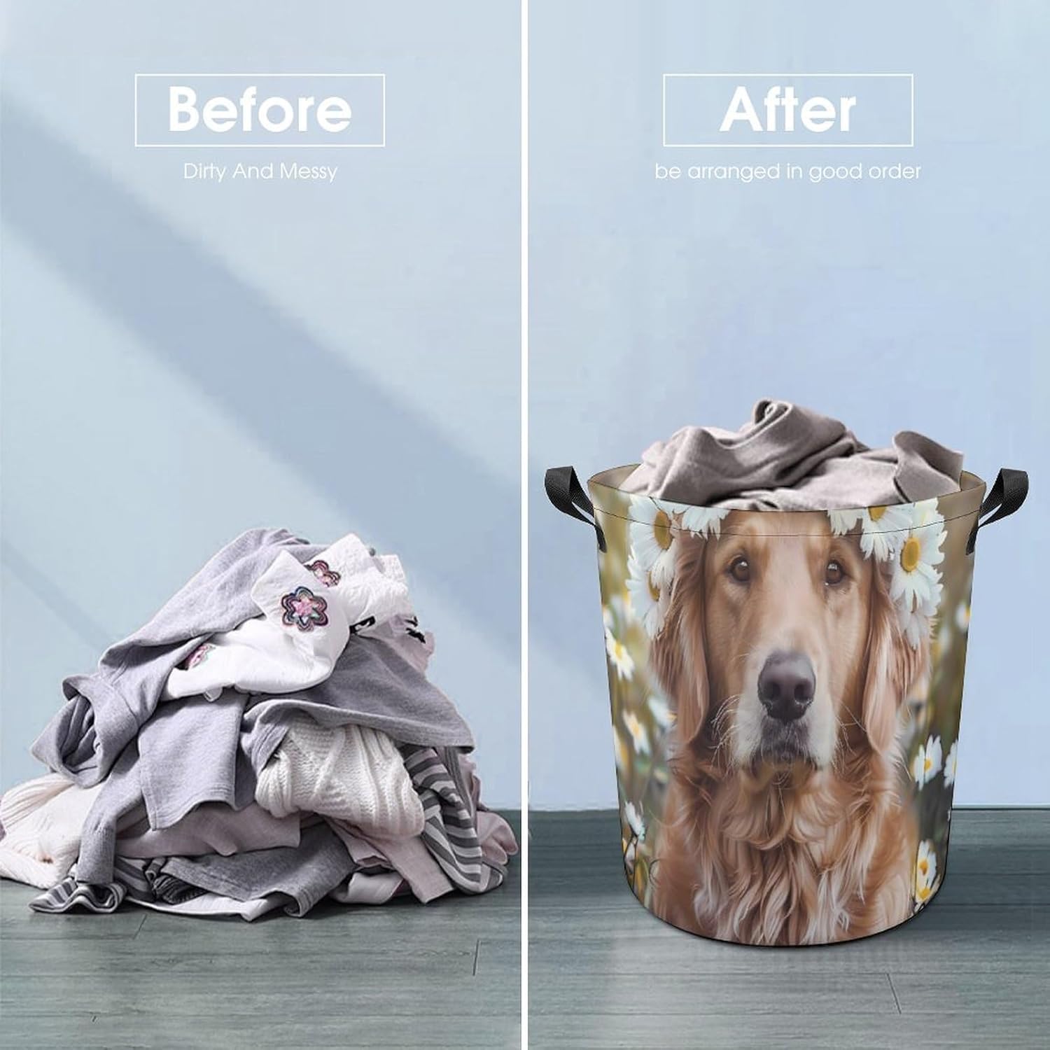 Golden Retriever with Daisy Wreath Laundry Basket Collapsible Hamper Bag Clothes Storage Bin with Handles 44x44cm