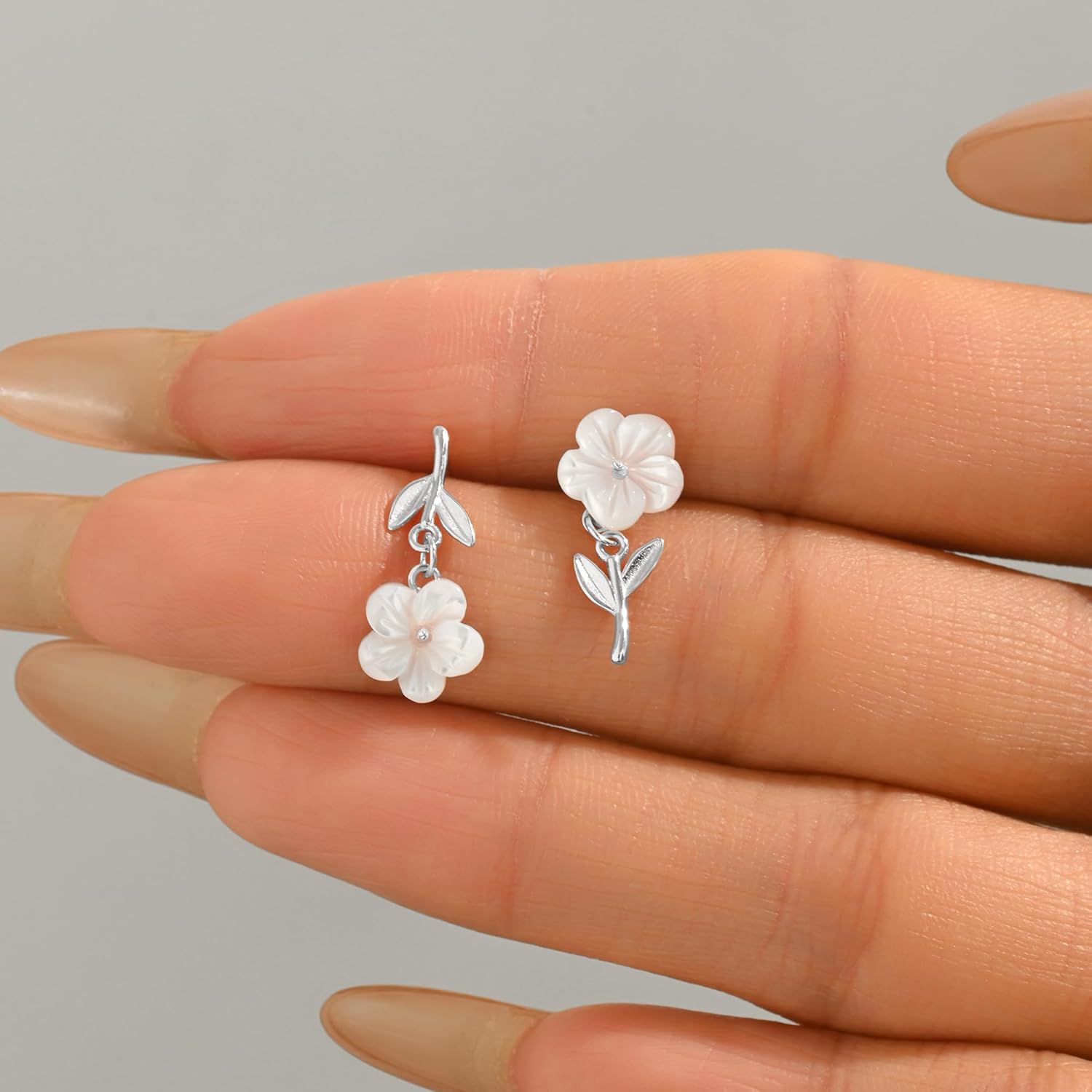 Flower Earring for Women,925 Sterling Silver Dainty White Shell Pearl Flower Stud Earrings to Daughter 14k Gold Plated Leaf Dangle Drop Earrings for Hypoallergenic Birthday Wedding Jewelry Gift