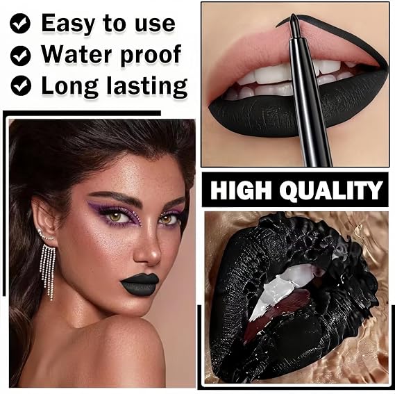 3Pcs Black Matte Liquid Lipstick, Lip Liner & Lip Gloss Trio Set - Long-Lasting Waterproof Lip Stain, Moisturizing Non-Sticky Velvet Finish for Halloween Go/th Makeup, High-Pigment Lip Colors