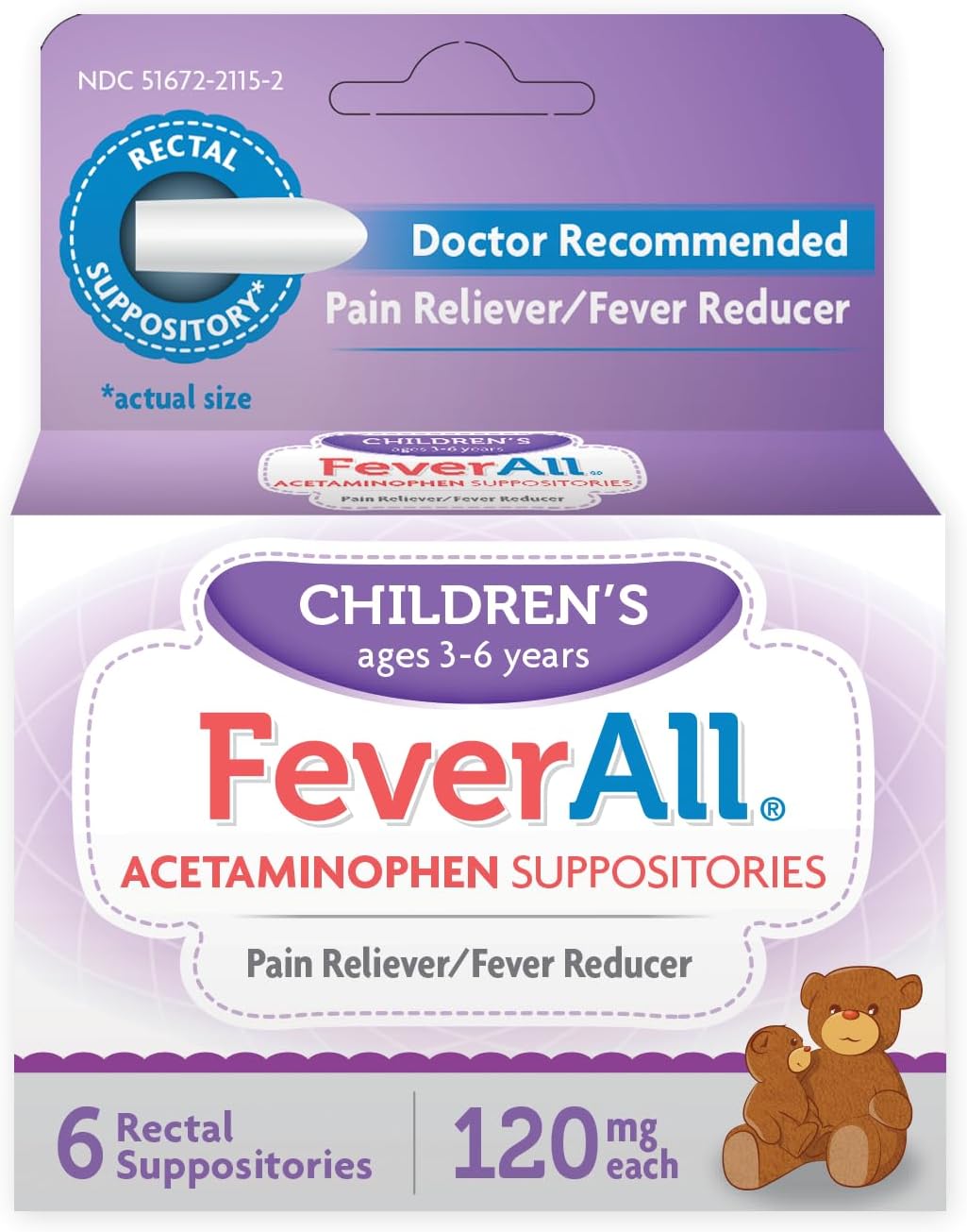 Feverall Infant Acetaminophen Suppositories 6 Rectal Suppositories 120 mg Each Pain Reliever/Fever Reducer. Paraben Free, No Artificial Colors or Other preservatives. Ages 3-6 Years