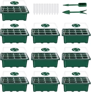 10 Set Seed Trays Seedling Starter Tray (12 Cells per Tray) with Adjustable Dome Lids and Base Plus Plant Tags Hand Tool Kit
