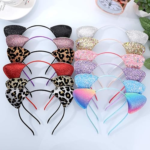 Miniatura 9 de FRCOLOR Diadema de orejas de gato, diadema mejorada de lentejuelas con purpurina de doble cara con estampado de leopardo para fiestas diarias,