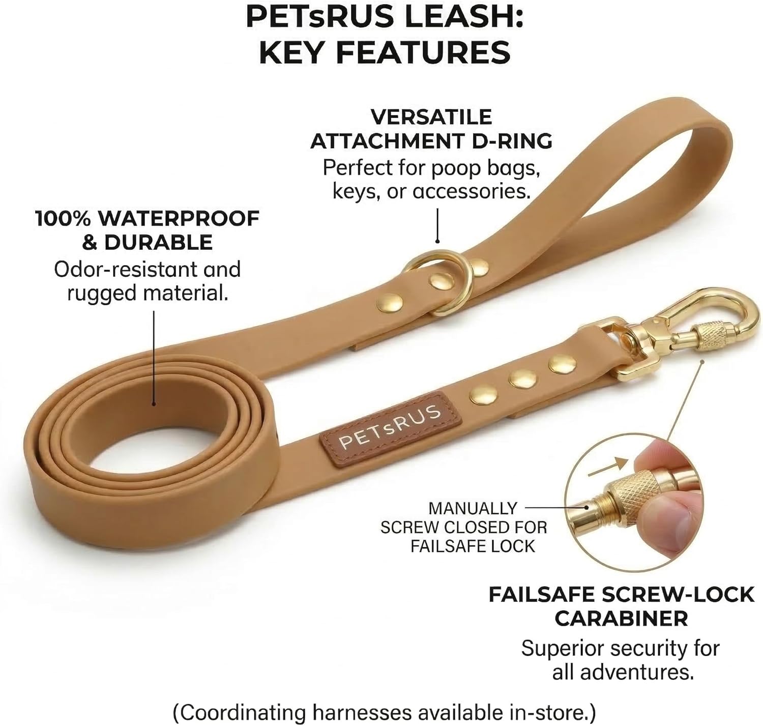 5ft Waterproof Dog Leash for Small, Medium, Large Dogs - Biothane Coated Odor-Proof Lead with Locking Carabiner, Heavy Duty Easy Clean Training Leash (Tan Brown - Gold)