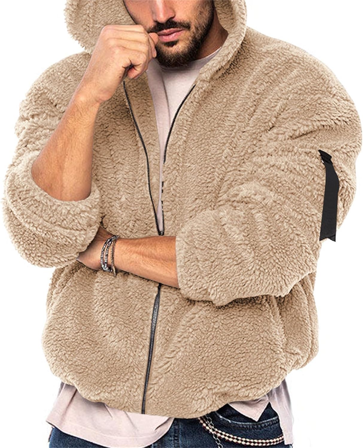 Thatrich Fleece Jacket Men Fuzzy Reversible Cropped Coats Winter Warm Full Zip Solid Hoodies Fashion Outfits with Pockets