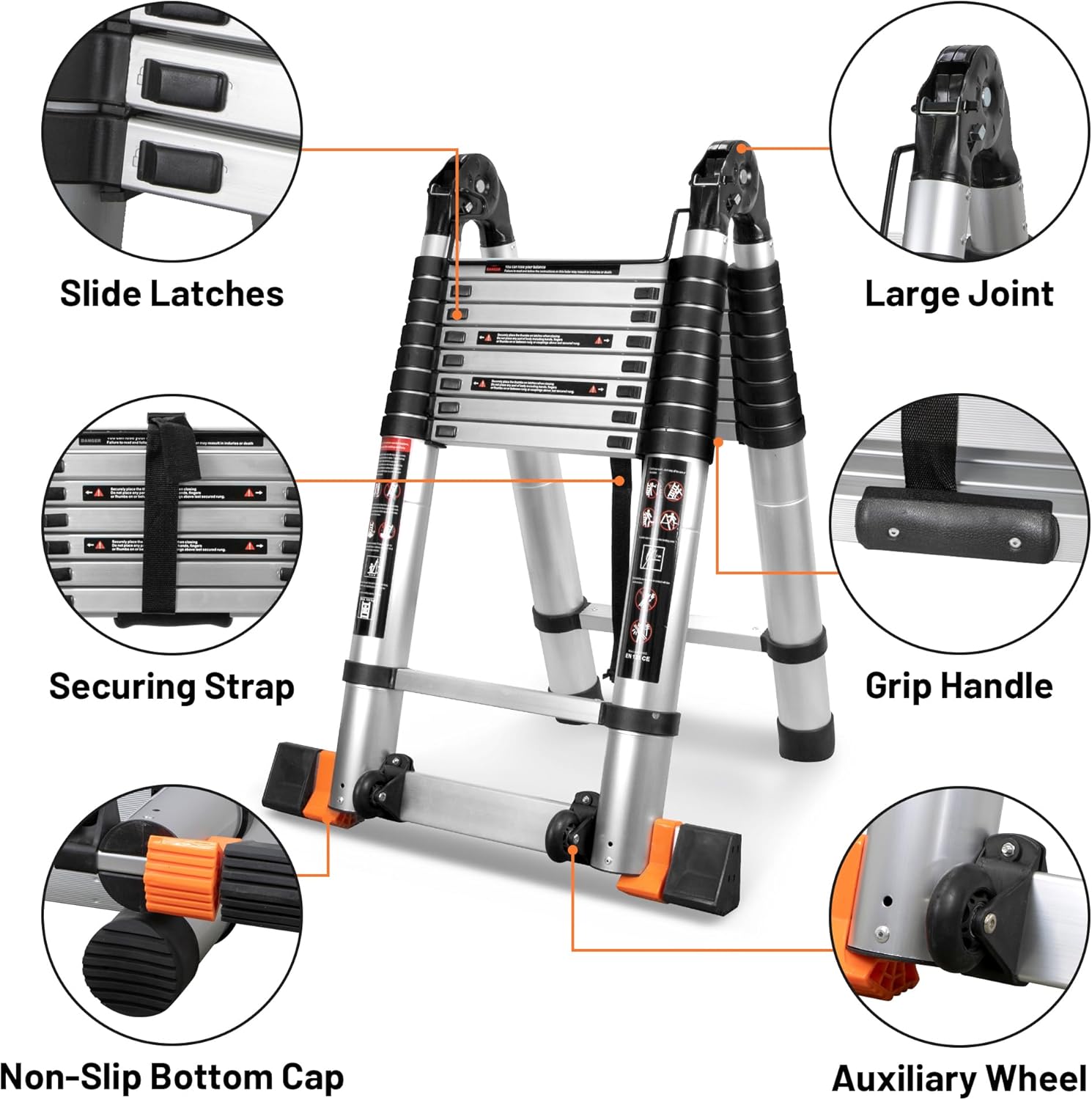 Telescoping Ladder A-Frame,18.5FT Multi-Purpose Extension Ladder with Stengthened Joint Stabilizer Bar,Portable Ladder with Wheels for Indoor Outdoor 330lbs Capacity