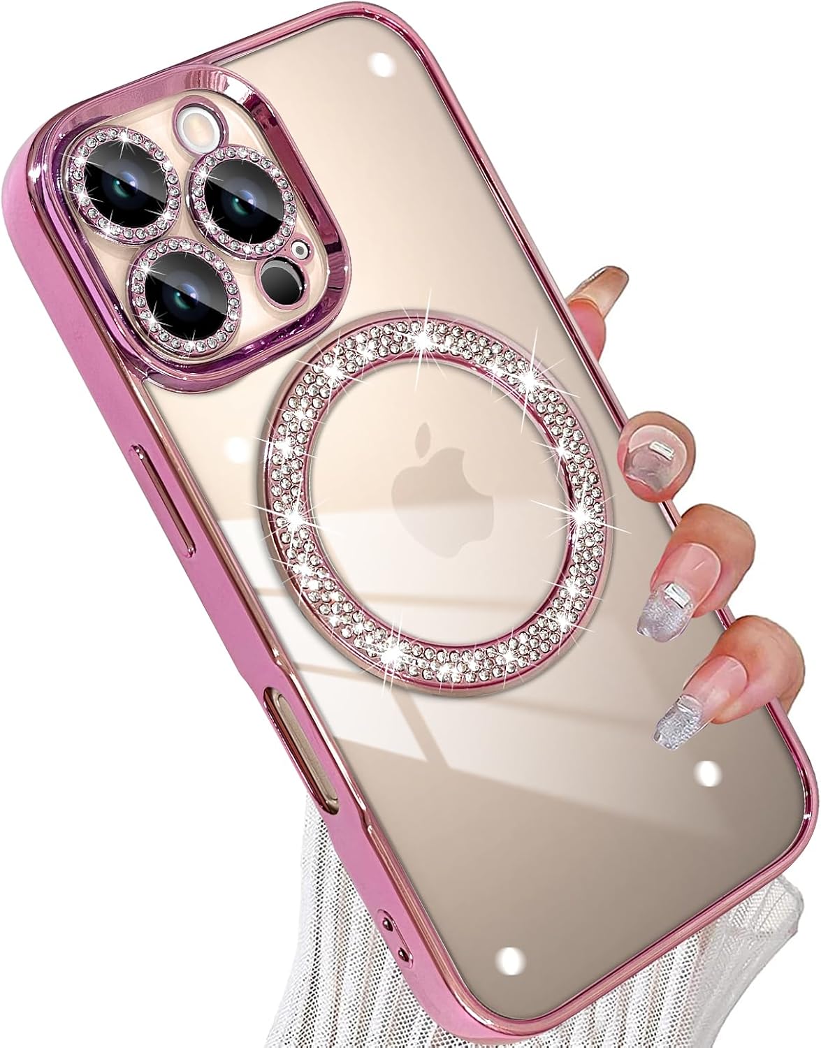 tharlet Magnetic for iPhone 16 Pro Max Case(6.9"), Glitter Luxury Plating Bling Clear Hard Back Frame, Full Camera Lens Protection with a Privacy Screen Protector Max, Pink (6.9") iPhone 16 Pro Max Case Pink
