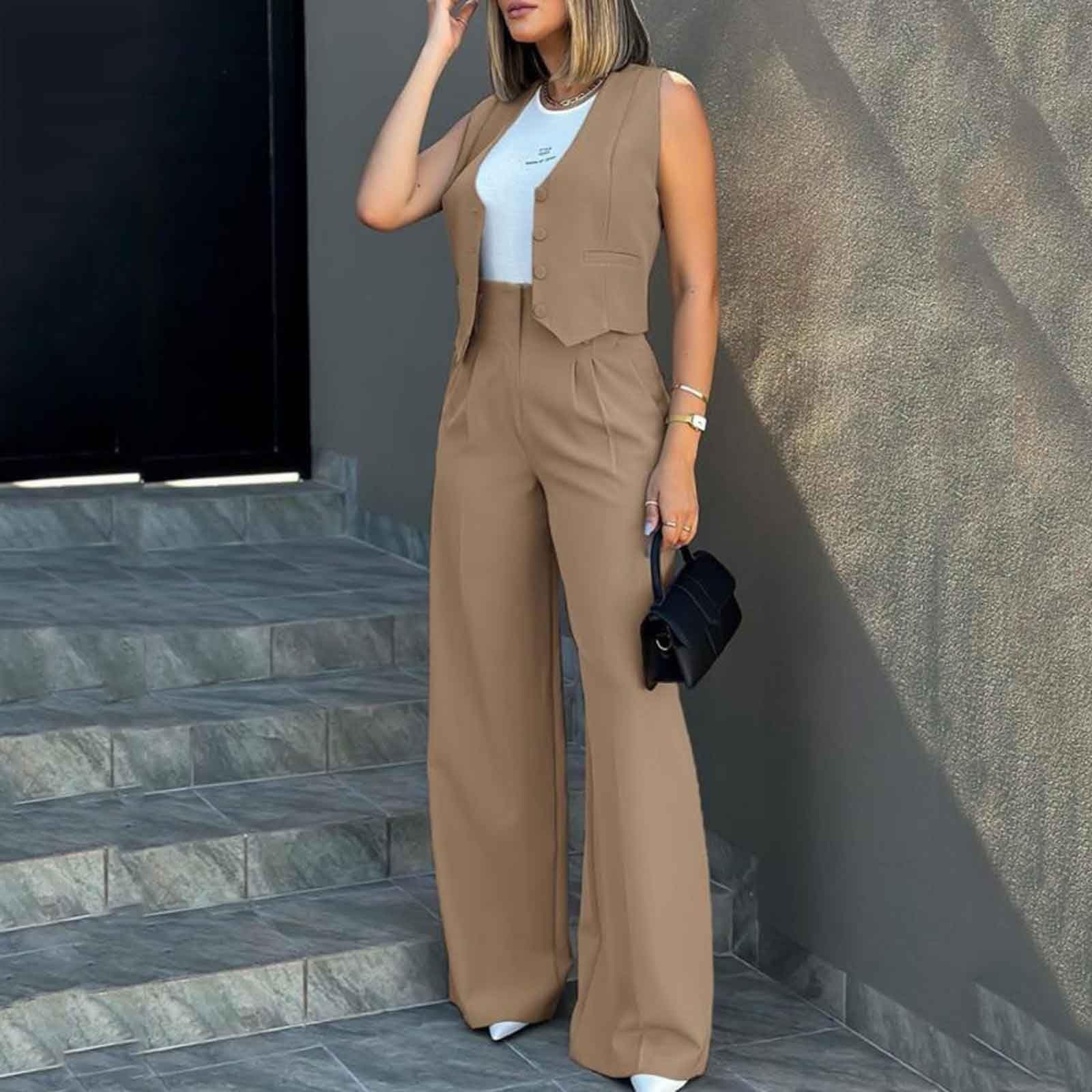 Tailleur Femme 2 Pièces sans Manches Formel Bureau Travail Pantalon Costumes Manteau Ensemble Couleur Unie Slim Fit Gilet à Boutons Chic et Elegant Veste Manteau Pantalon Ensemble