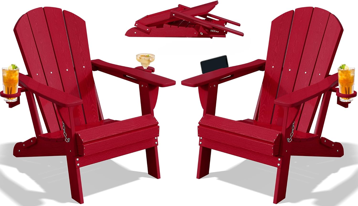 PLUUV Folding Adirondack Chair Set of 2, Oversized HDPE Patio Chair with 2 Cup Holders, 380 LBS Capacity, All-Weather Weather Resistant Fire Pit Chair for Backyard, Deck, Lawn, Red