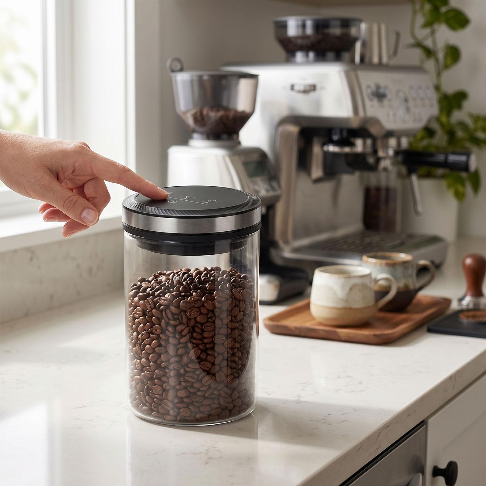 Cocoarm Automatischer Vakuum-Kaffeebehälter, Luftdichter Glasbehälter mit Digitalanzeige und Batterie für Kaffeebohnen, Mehl, Nüsse