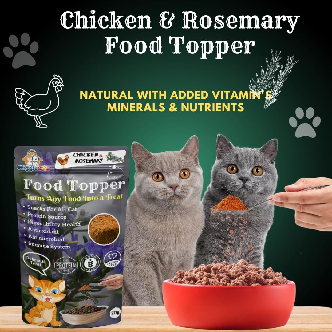WiggleBoo Magical Cat Food Topper || Joy of Best Taste || Chicken & Rose Mary Flavour || Grain Free & Protein Rich || Anti Oxident || 70g, All Life Stages, Powder 1