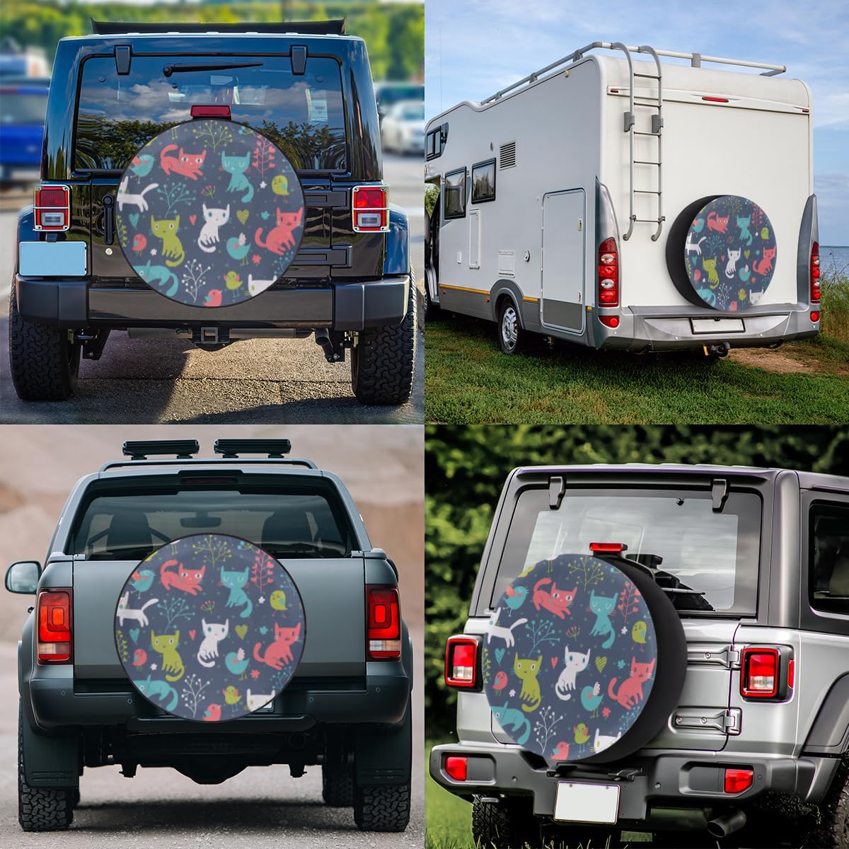 Cartoon Cat Tire Covers Portable Spare Tire Cover Soft Durable Waterproof Dustproof Set of 4 Bags 14 Inches for Car Truck SUV Trailer Camper