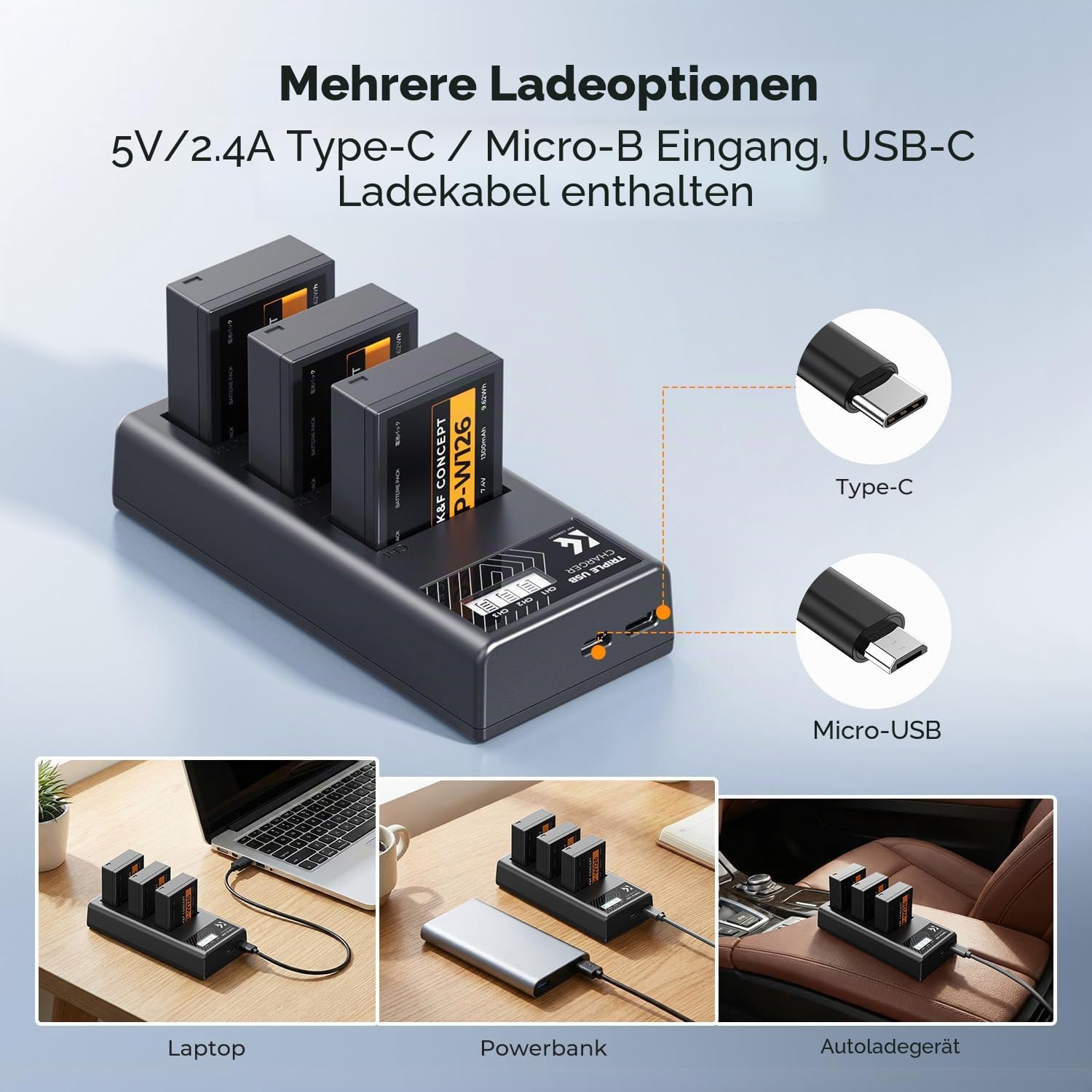 K&F CONCEPT NP-W126 NP-W126S Akku(3er-Pack) und verbessertes 3-Fach-Ladegerät, kompatibel mit Fujilm x Half AKKU XM5, X100VI, X100V, XS10, XT30, XT30 II, XT20, XE4, XE5,A5 Kameras