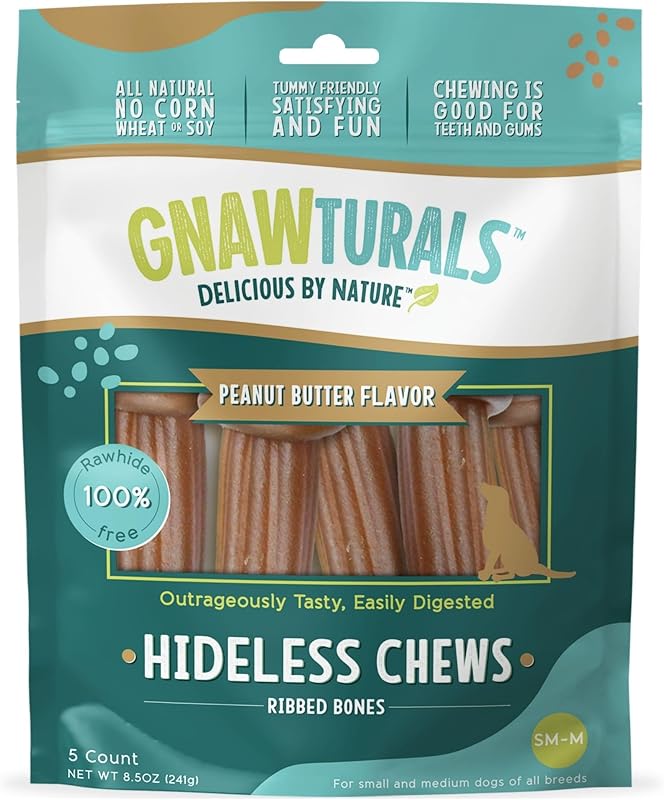 Ossos mastigáveis para cães médios e grandes Gnawturals, sem couro cru, com sabor de pasta de amendoim, pacote com 5