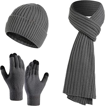 Winter Hat Scarf and Touch Screen Gloves Set For Men and Women 3 In 1 Warm Knit Set 3-Pieces Pure Colour