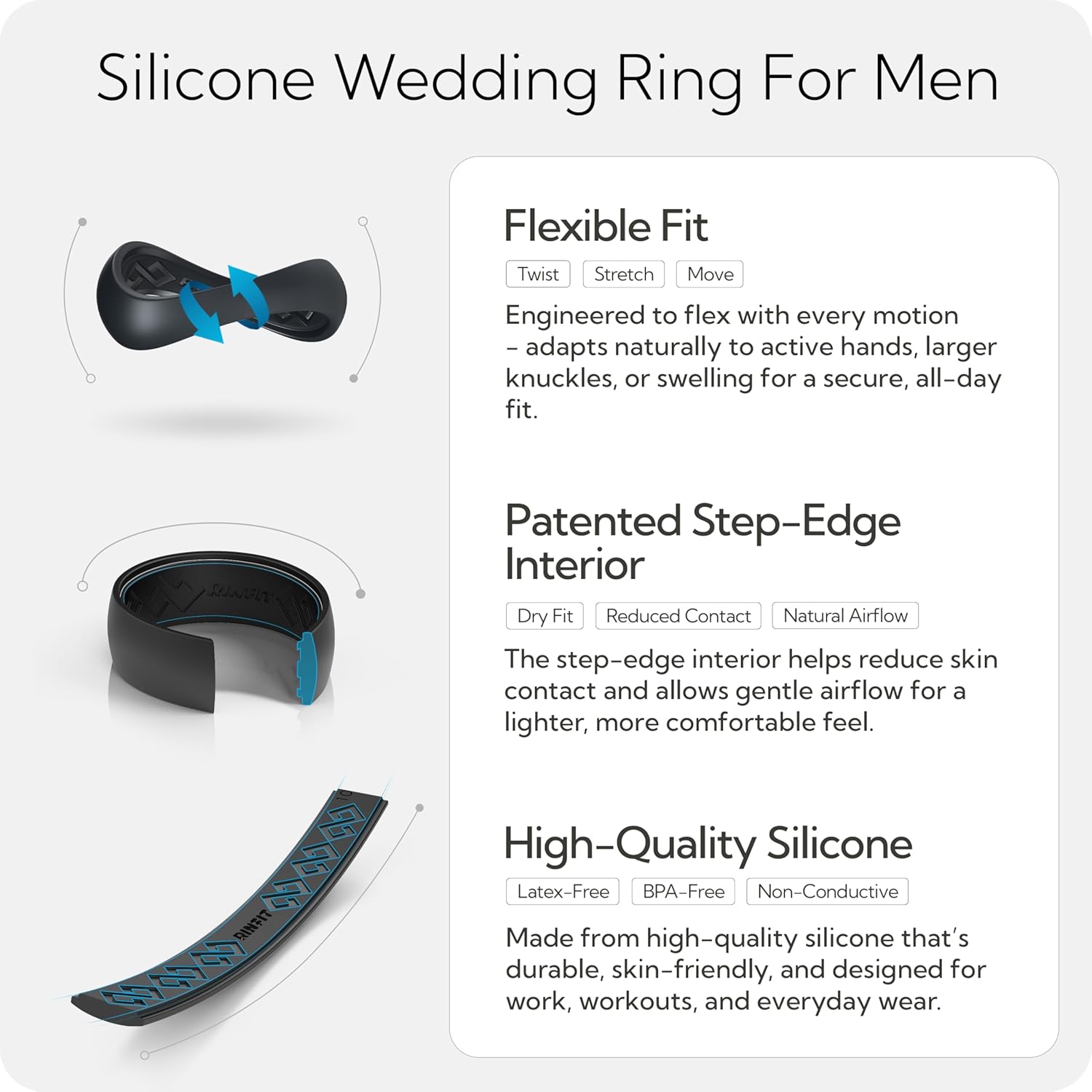 Rinfit Silicone Rings for Men 9mm Wide, 2mm Thick - Mens Silicone Wedding Bands - Step Edge, Rubber Ring for Sports & Workout - Patented Design - Image 2