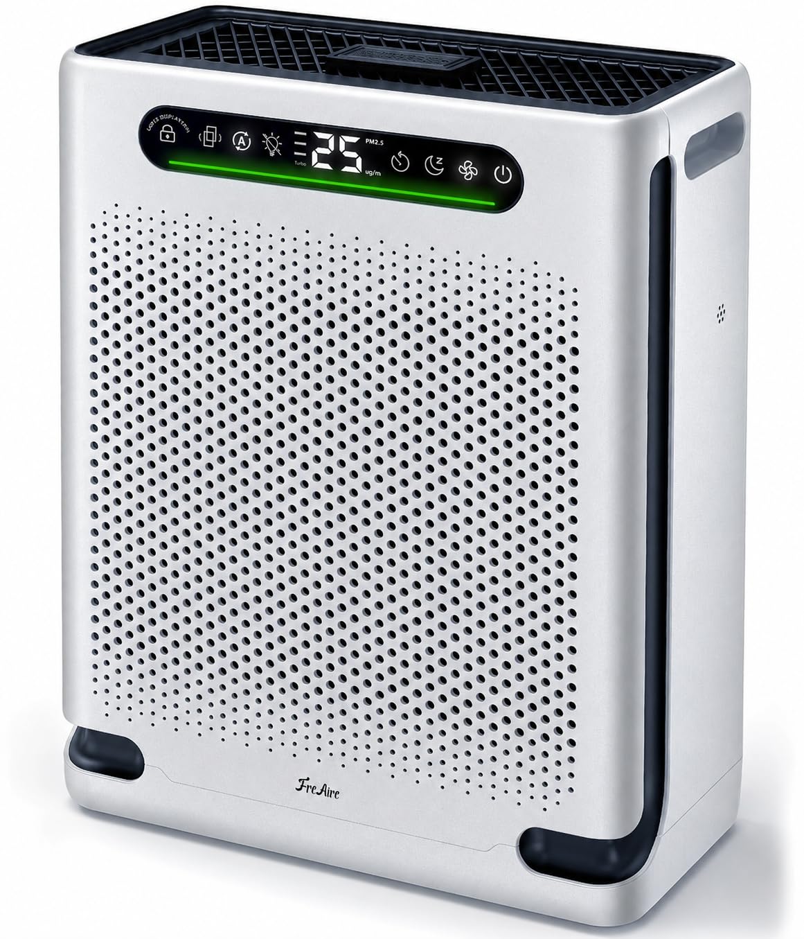 Top view of FreAire HAP605 Air Purifier showing the control panel with various icons and a digital display.