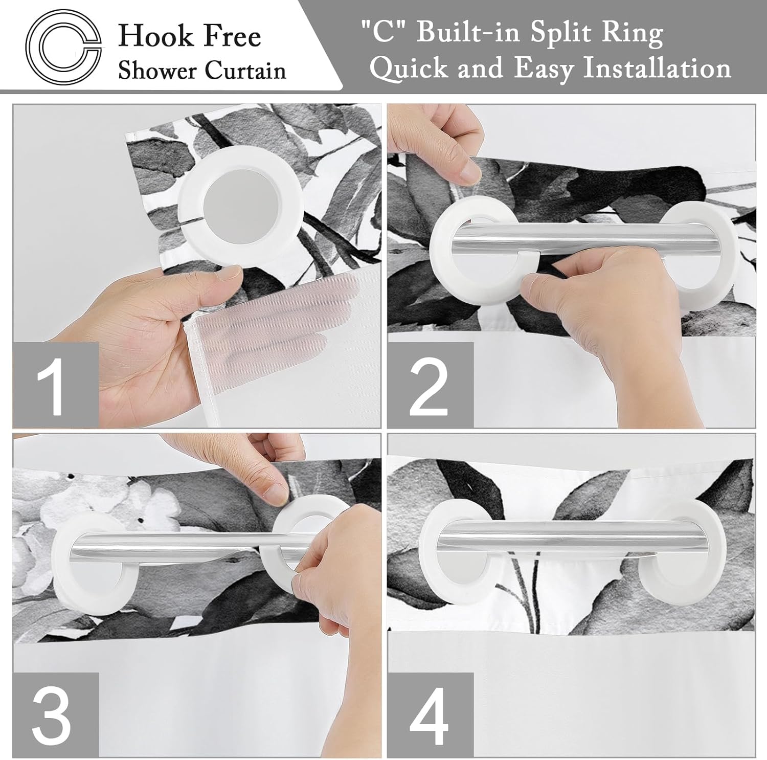 Gibelle Diamond Shaped Shower Curtain Hooks Set of 12, NO Hook Bathroom Curtain 72" W x 74" L