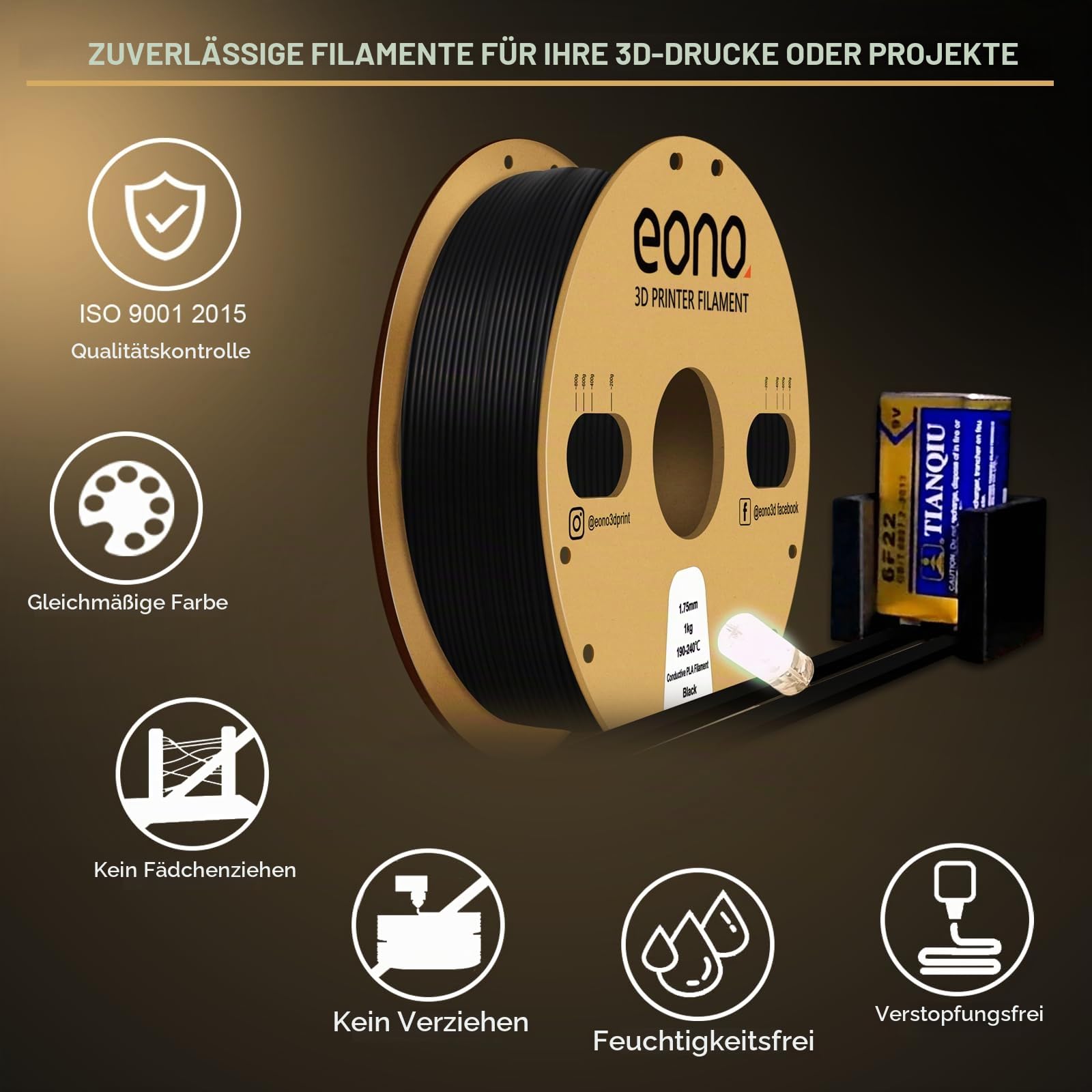 EONO Leitfähiges PLA Filament 1.75mm 1KG Elektrisch Conductive 3D Drucker Filament für ESD-Schutz, Sensoren & funktionale Prototypen – Kompatibel mit FDM Druckern, Schwarz