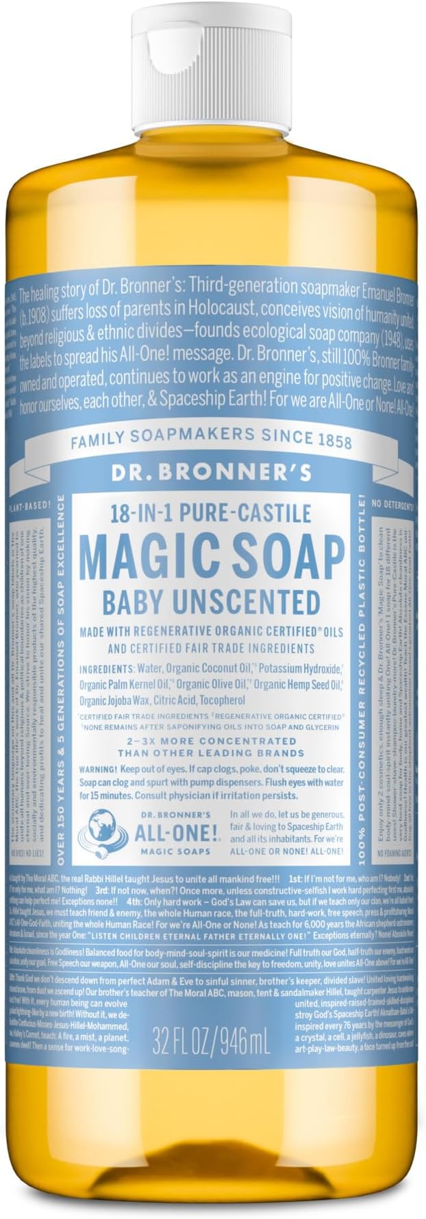 Pure-Castile Magic Soap Liquid (Baby Unscented, 32 Ounce) – Made with Regenerative Organic Certified Oils – For Sensitive Skin, Babies, Face, Hair, Laundry, Dishes, Hand Soap & Body Wash