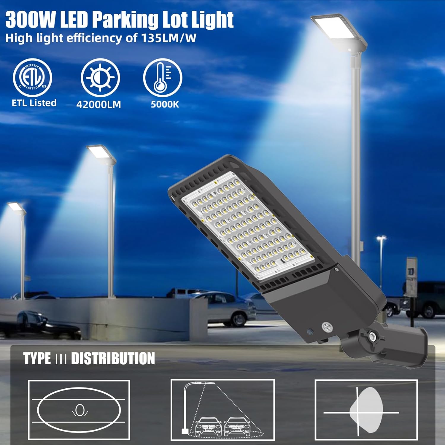 LED Parking Lot Lights Outdoor, 300W 42000LM Dusk to Dawn LED Parking Lot with Slip Fitter, 5000K Commercial Shoebox Pole Light IP65 Outside Light for Yard Street, 7 Years Lifespan ETL Listed-4Pack