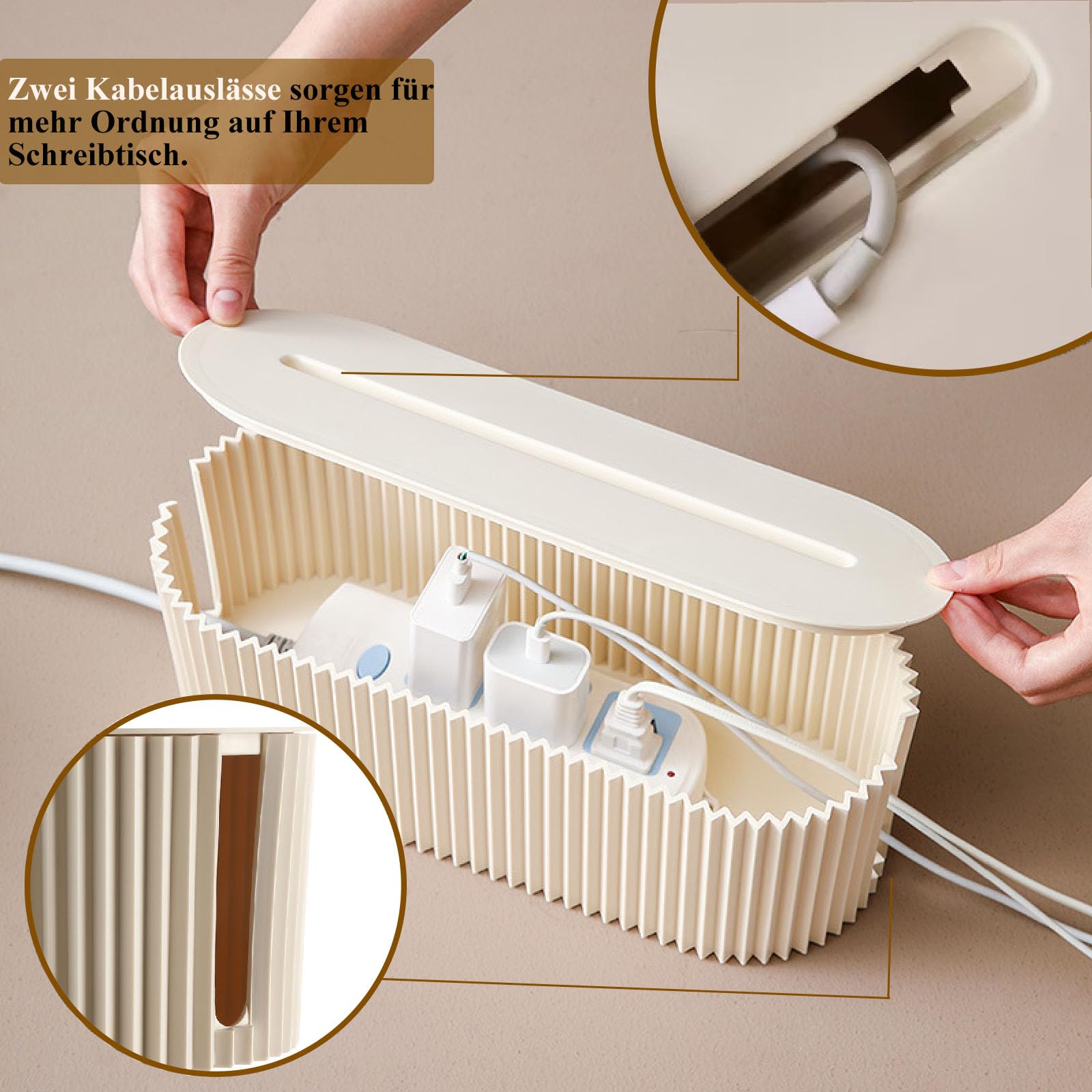 Caja de gestión de cables – Power Stripe Organizer, caja de cables, ocultar y ocultar regletas y cables de alimentación de televisores, ordenadores y escritorios (beige)