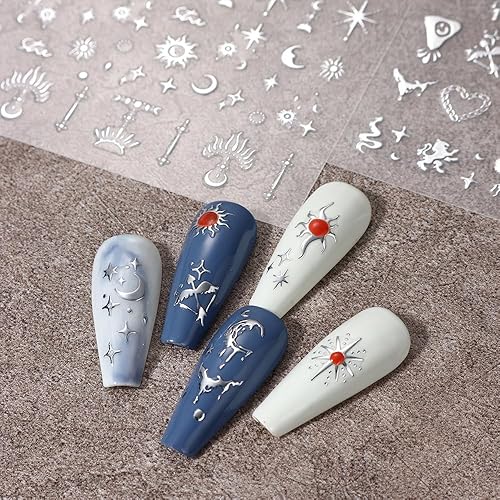 Miniatura 3 de Calcomanías de uñas metálicas plateadas 3D para mujer, diseño de estrellas, luna, sol, para diseño de uñas, diseño de mariposas, calcomanías de arte