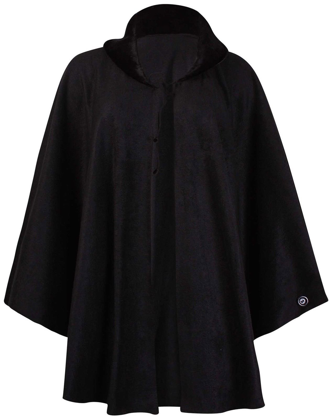 Nauvelle Womens Plus Size Faux Fur Collar Tie Batwing Cape Poncho Coat -Black