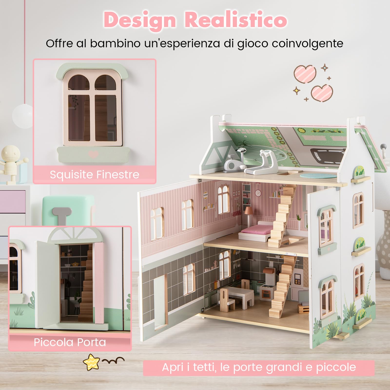 COSTWAY Casa delle Bambole in Legno, Casetta delle Bambole a 3 Piani con Tetti Rimovibili, Porte Apribili, Finestre Squisite 5 Stanze e 19 Accessori, Regalo per Bambini 3+ Anni