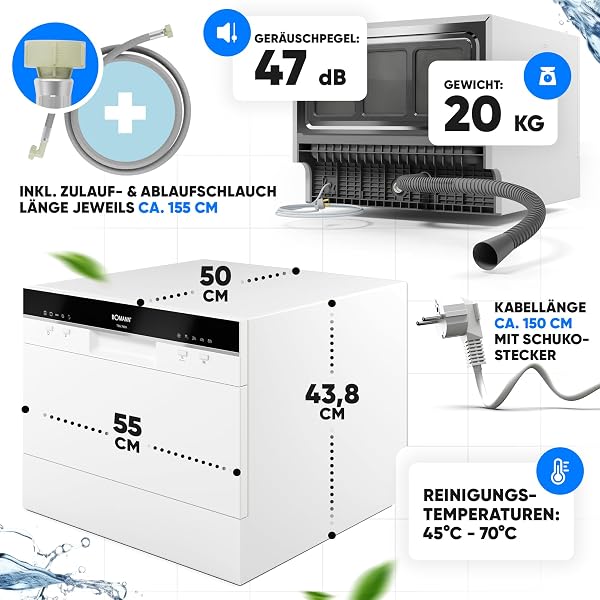 Bomann, Lave-Vaisselle Compact TSG7405-Blanc, 6 Niveaux de Réglage, 5 Programmes de Lavage, Voyants LED, Ouverture Automatique, Sécurité Anti-Débordement, 43,8 x 55 x 50 cm, 20 kg, Économie d'Énergie - 4
