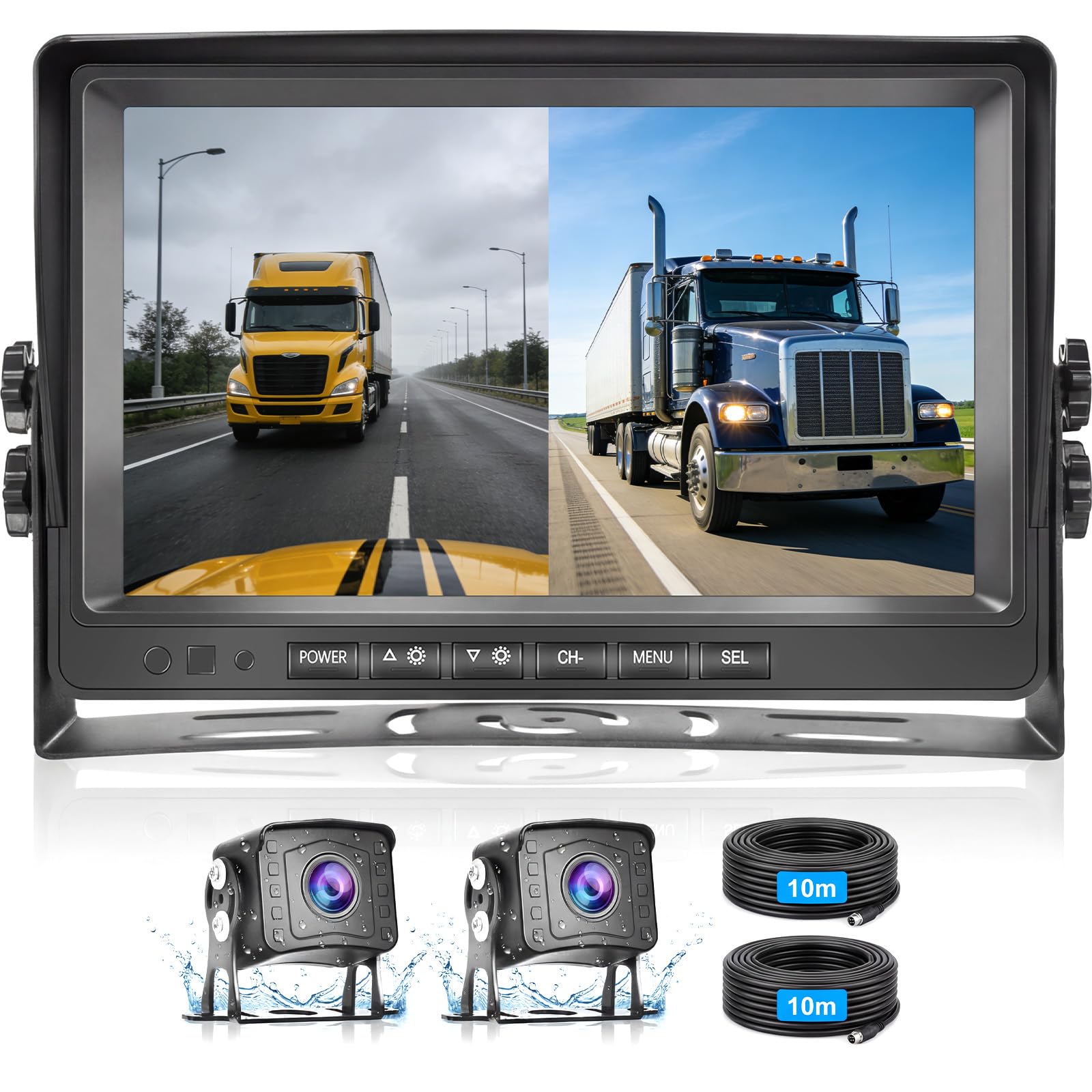 Backup Camera Set con Monitor HD da 9", Visione Notturna a Colori, Impermeabile IP69, 2 Reversing Cameras con Cavo da 10m per Camper/Camion/Autobus/Furgoni/Rimorchi/Pick-up (12-35V)