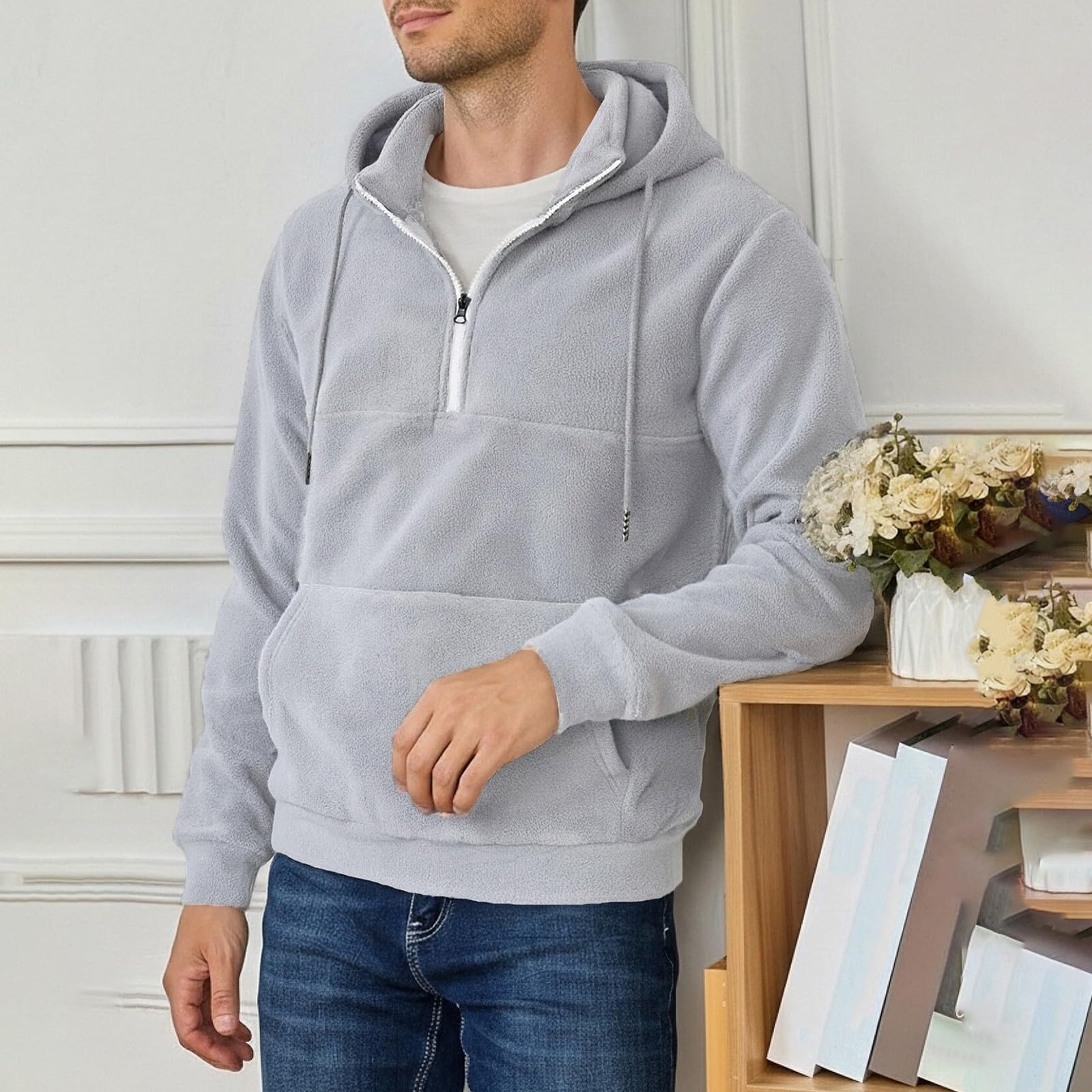 Ropa Anti UV Hombre Sudadera con Capucha Y Cremallera De Un para Hombre, Forro, Manga Larga, Estilo Oversize, Cálida, Bolsillo. Sudaderas Azul (Light Ashy, XXXL) Deporte Cortavientos