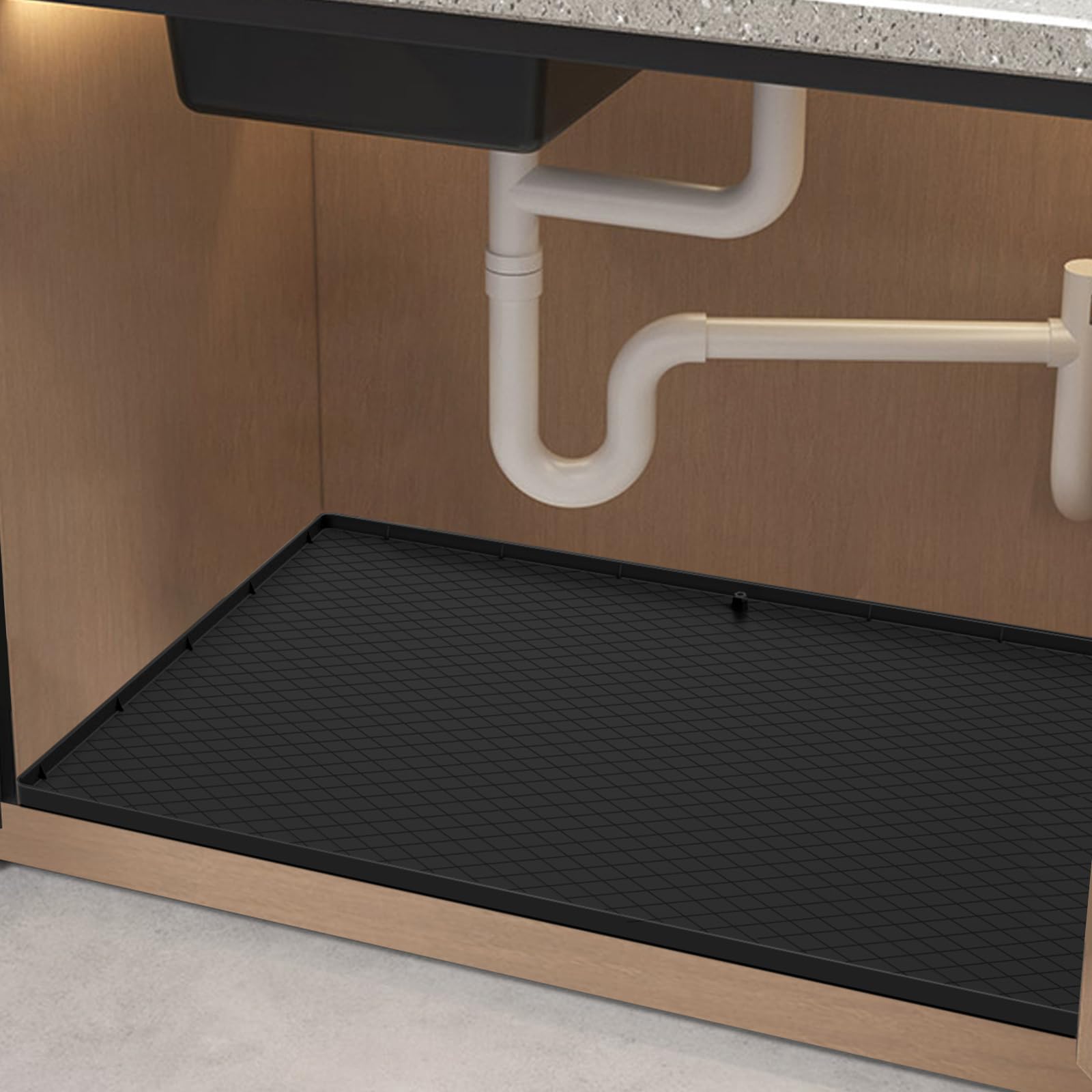 Bonnary Under Sink Mat for Kitchen Waterproof 34" x 22", Flexible Silicone Under Sink Liner with Drain Hole, Kitchen Bathroom Sink Cabinet Protection Mat Drips Leaks Spills Tray (Black)