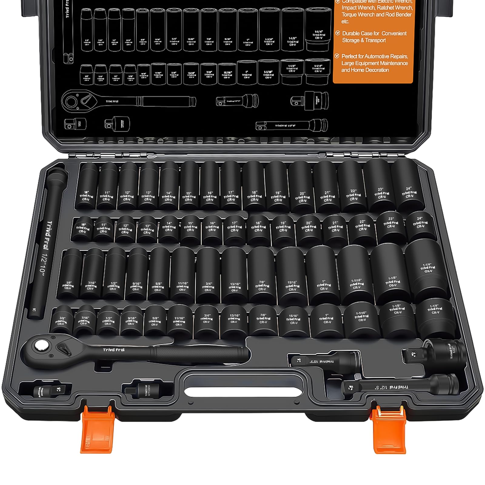 Impact Socket Wrench Set 1/2" Drive - Trivd Frol 65pcs Impact Socket Set Metric and Standard Full, Metric Socket Set 8-24mm & SAE Socket Set 3/8"-1-1/