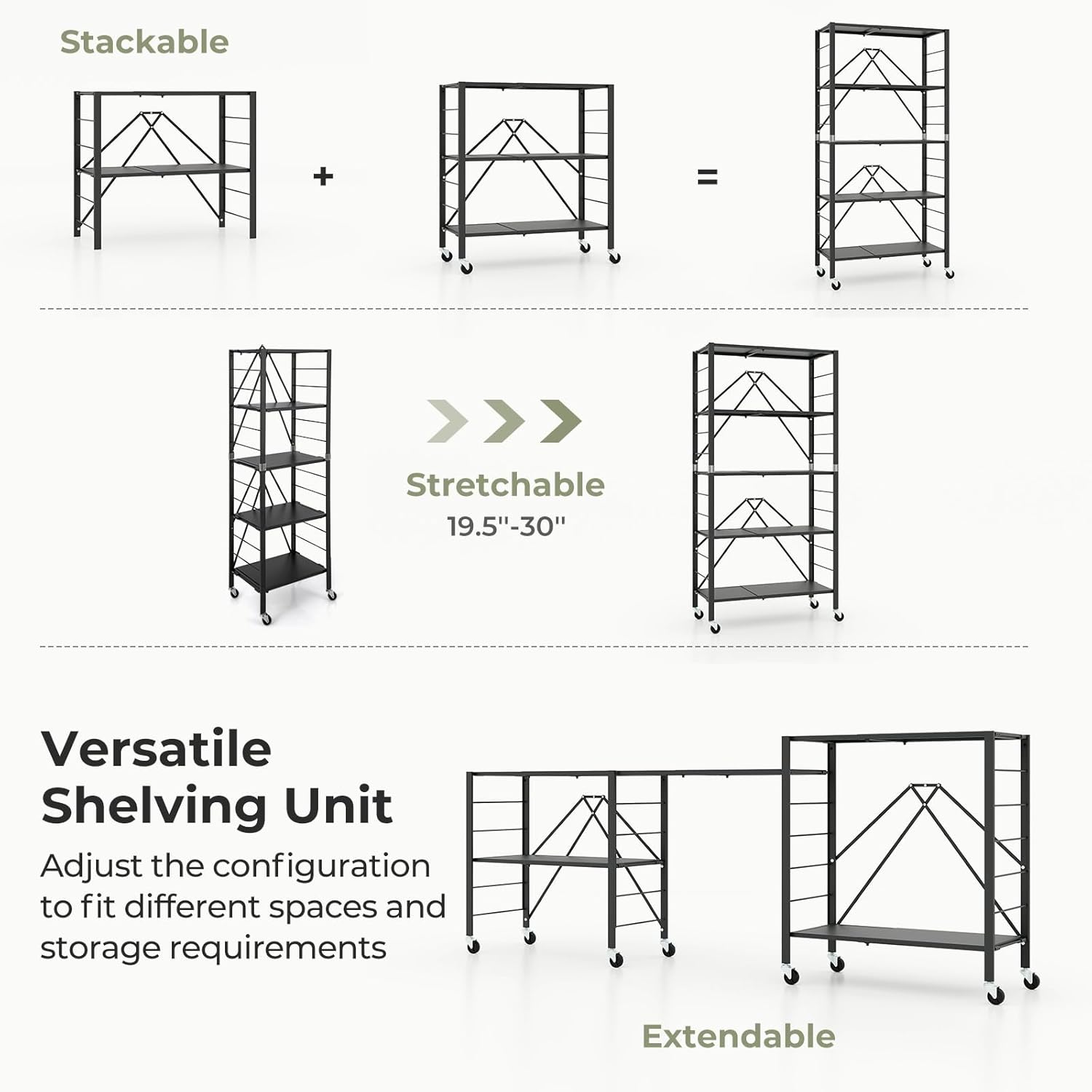 Giantex 5-Tier Foldable Storage Shelf with Wheels, Collapsible Shelving Unit with Adjustable Shelves, Heavy-Duty Metal Storage Rack, Expandable Folding Storage Organizer for Kitchen Garage Pantry